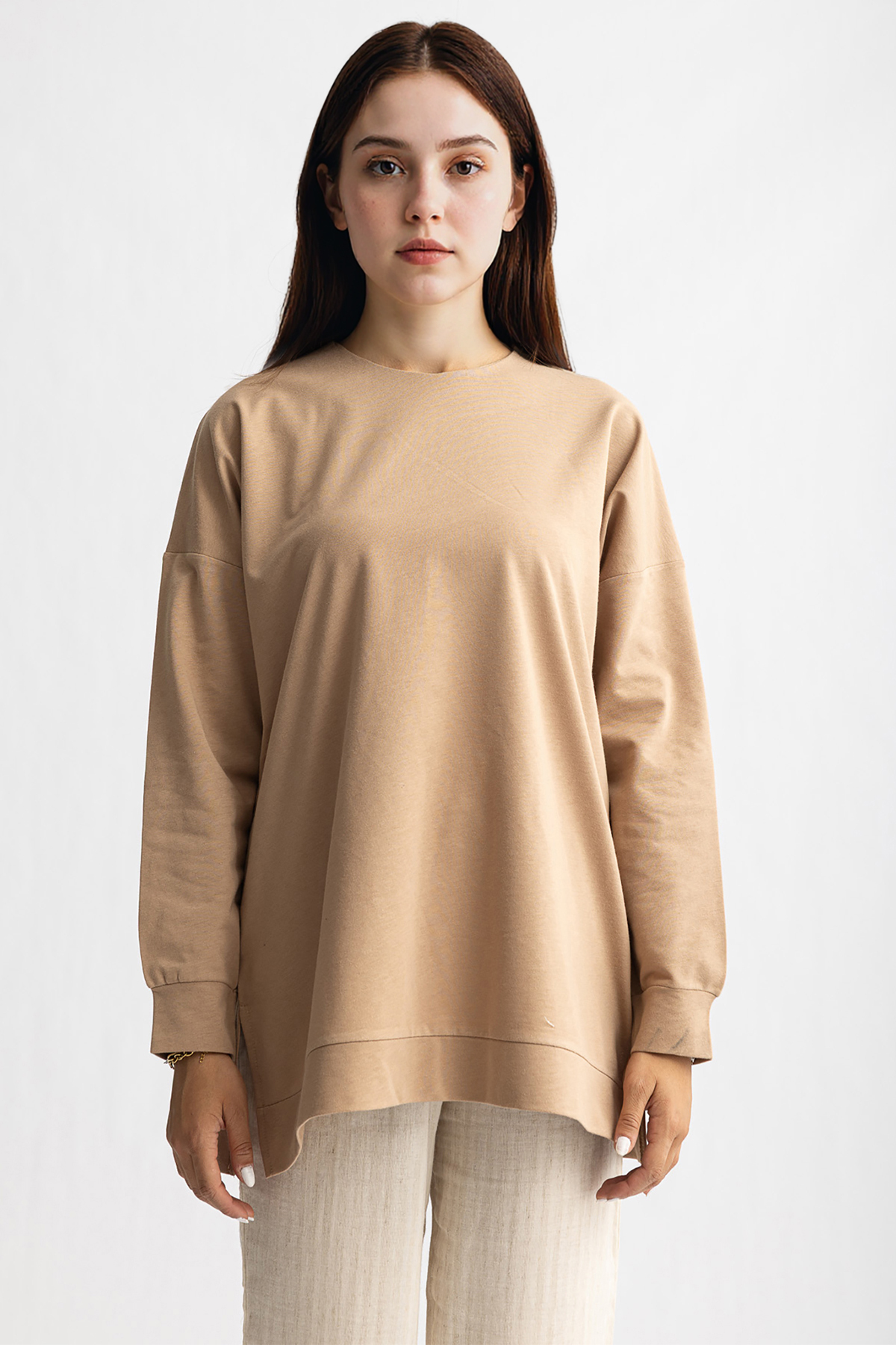 Suede Style  5415 -2 İplik İnce Rahat, Basic Düz Kadın Uzun Sweatshirt - Görsel 2