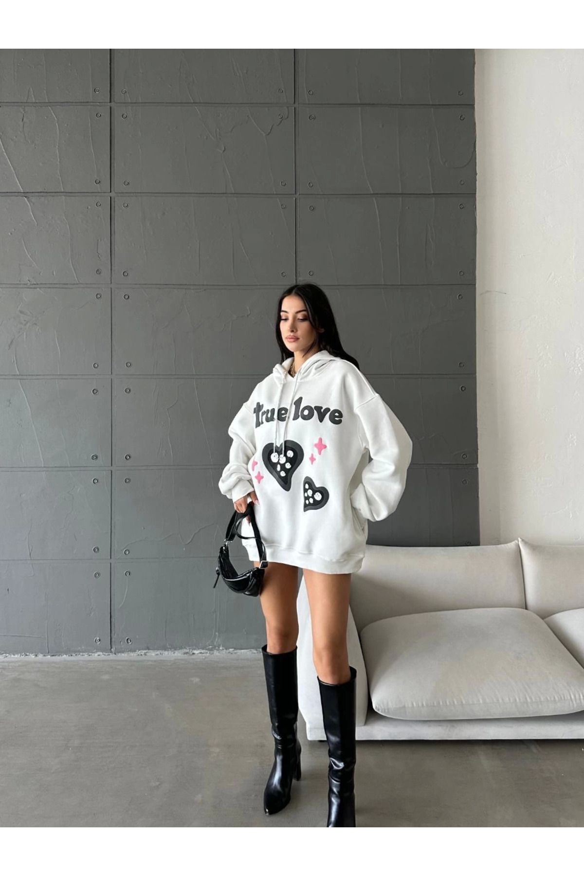 Zerenyus 3 iplik şardonlu oversize compact true baskılı sweat Beyaz