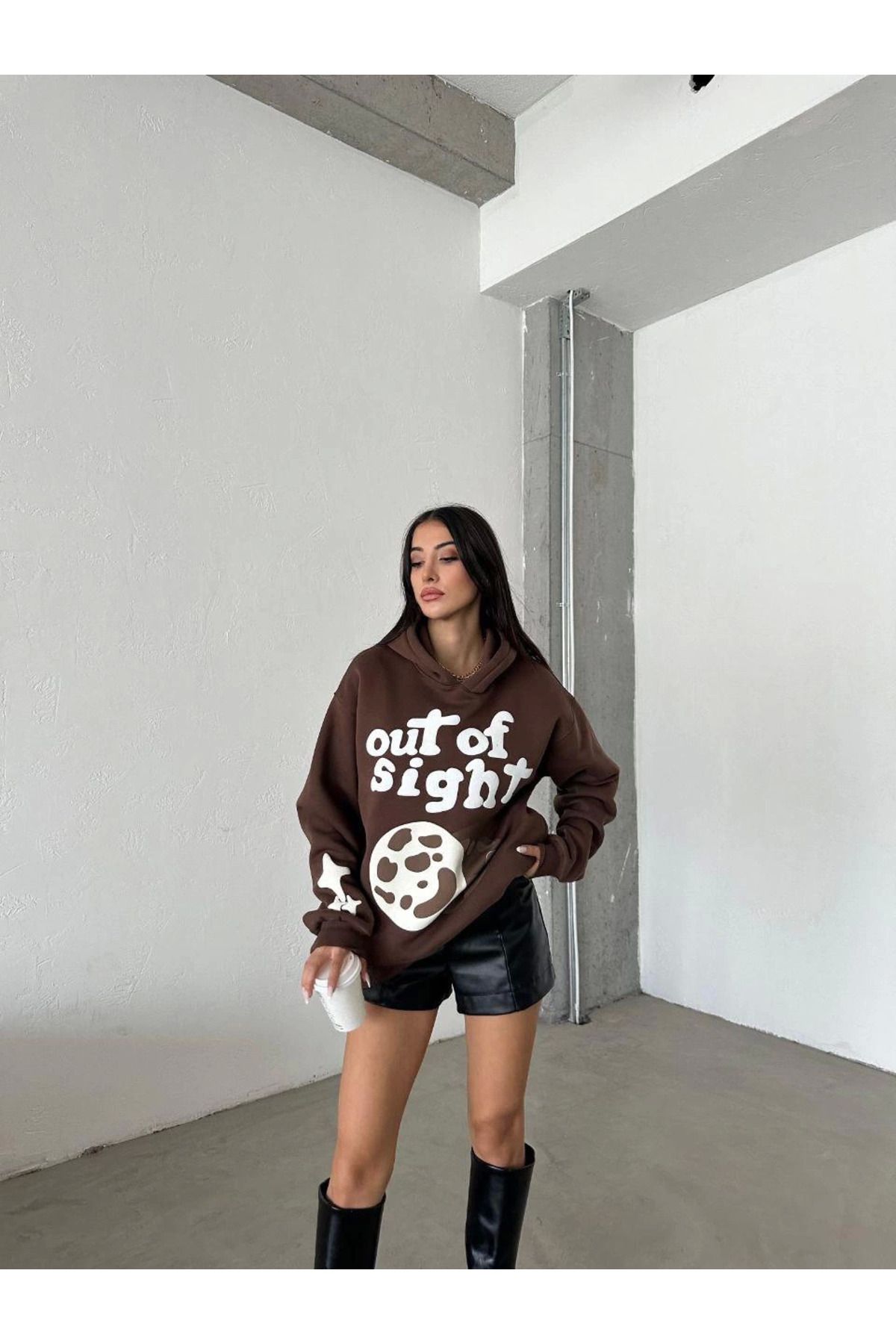 Zerenyus 3 iplik şardonlu oversize compact out of baskılı sweat kahve