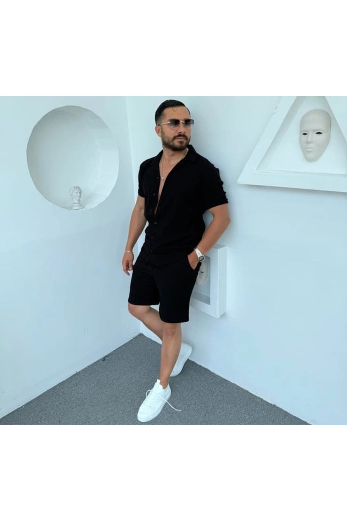 Fifty Color Alaçatı Stili Bürümcük Krinkıl Kumaş Yazlık Likralı Erkek Kısa Kol Gömlek ve Şort Takım