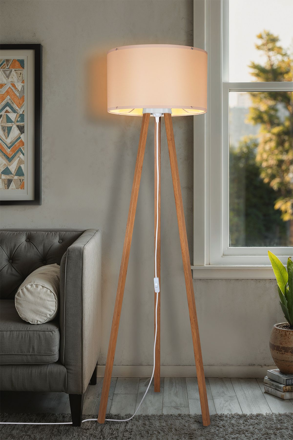 AG LightDesign Krem Lambader Abajur 3 Ayaklı Tripod Kumaş Ahşap Üç Ayak