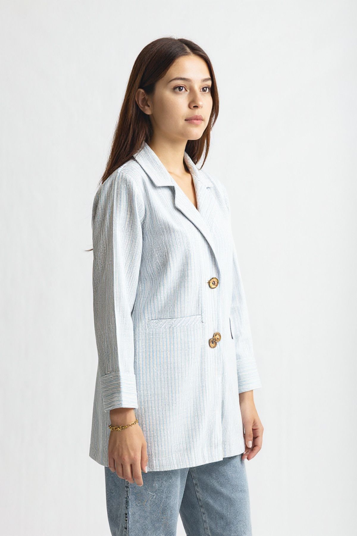 Suede Style 8032 - Rahat Şık Kadın Dokuma Düğmeli Tunik Ceket