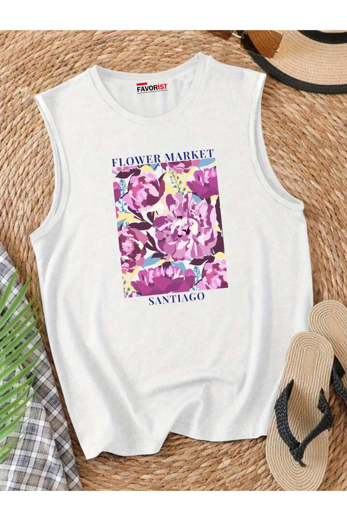 FAVORİST Şehrin Çiçekleri Omuzu Açık Kadın Pamuklu Kolsuz Yazlık T-shirt Atlet