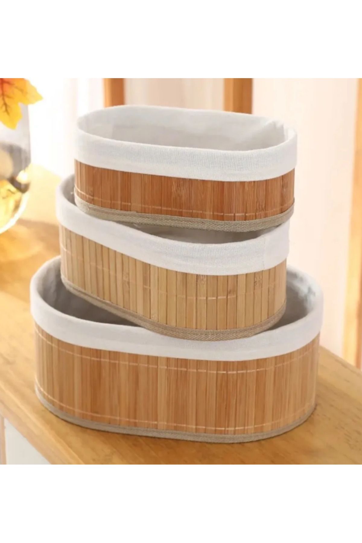 Flash Bazaar 3'lü Bambu Oval Sepet / Çok Amaçlı Bambu Sepet Seti