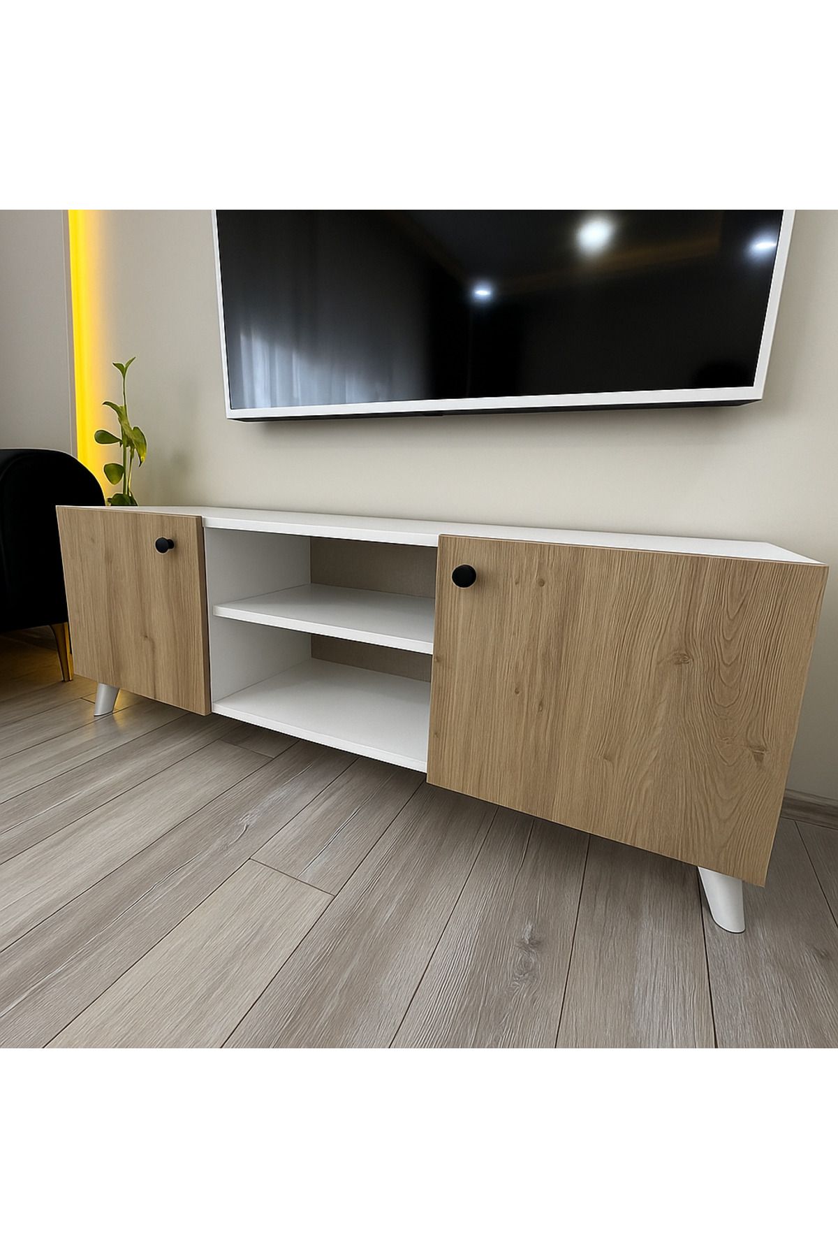 Home Modern Beyaz & Meşe TV Ünitesi - 2 Kapaklı Orta Raflı