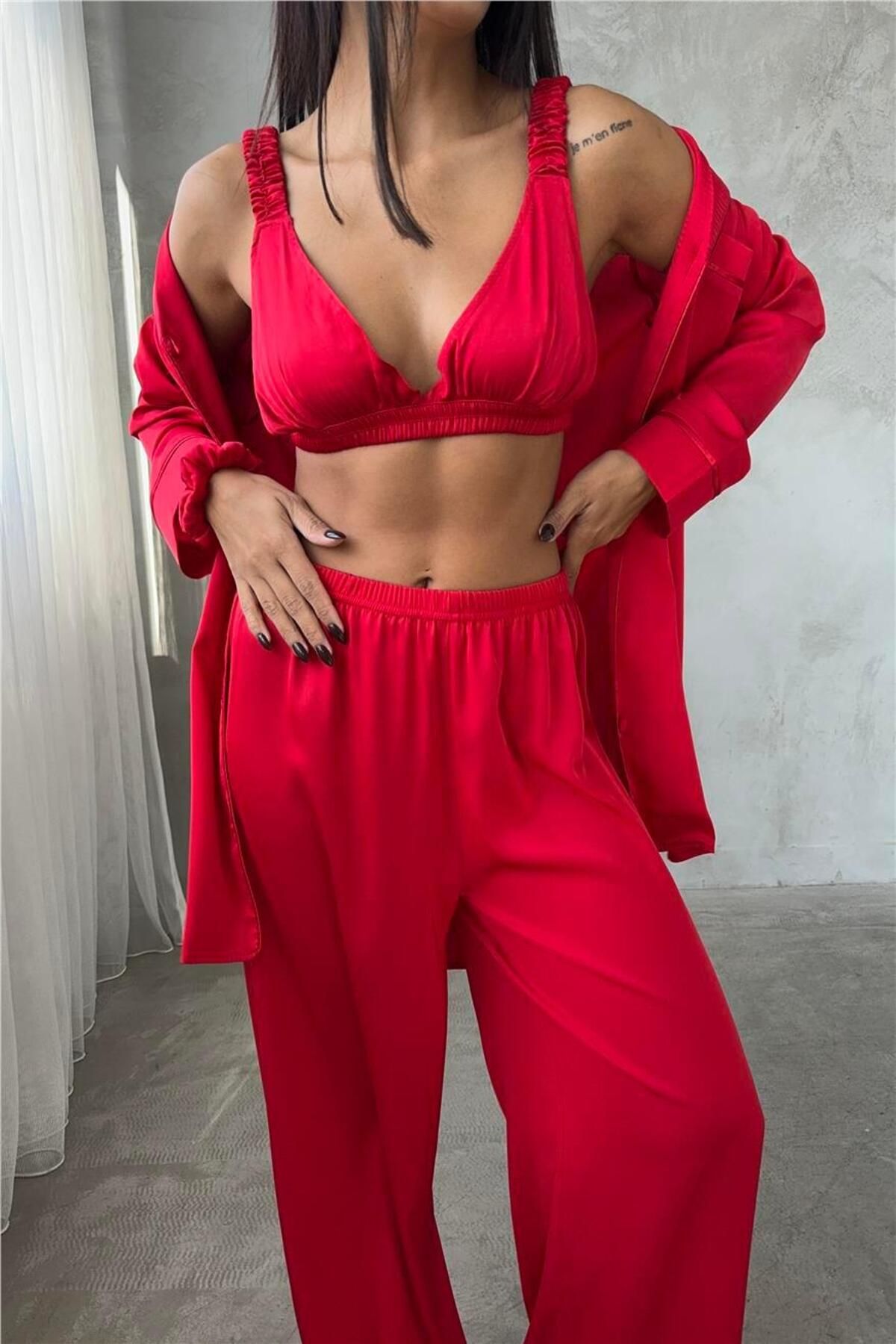 COCCOLARSI Vento Della Notte Kırmızı Saten Uzun Üçlü Pijama Takımı