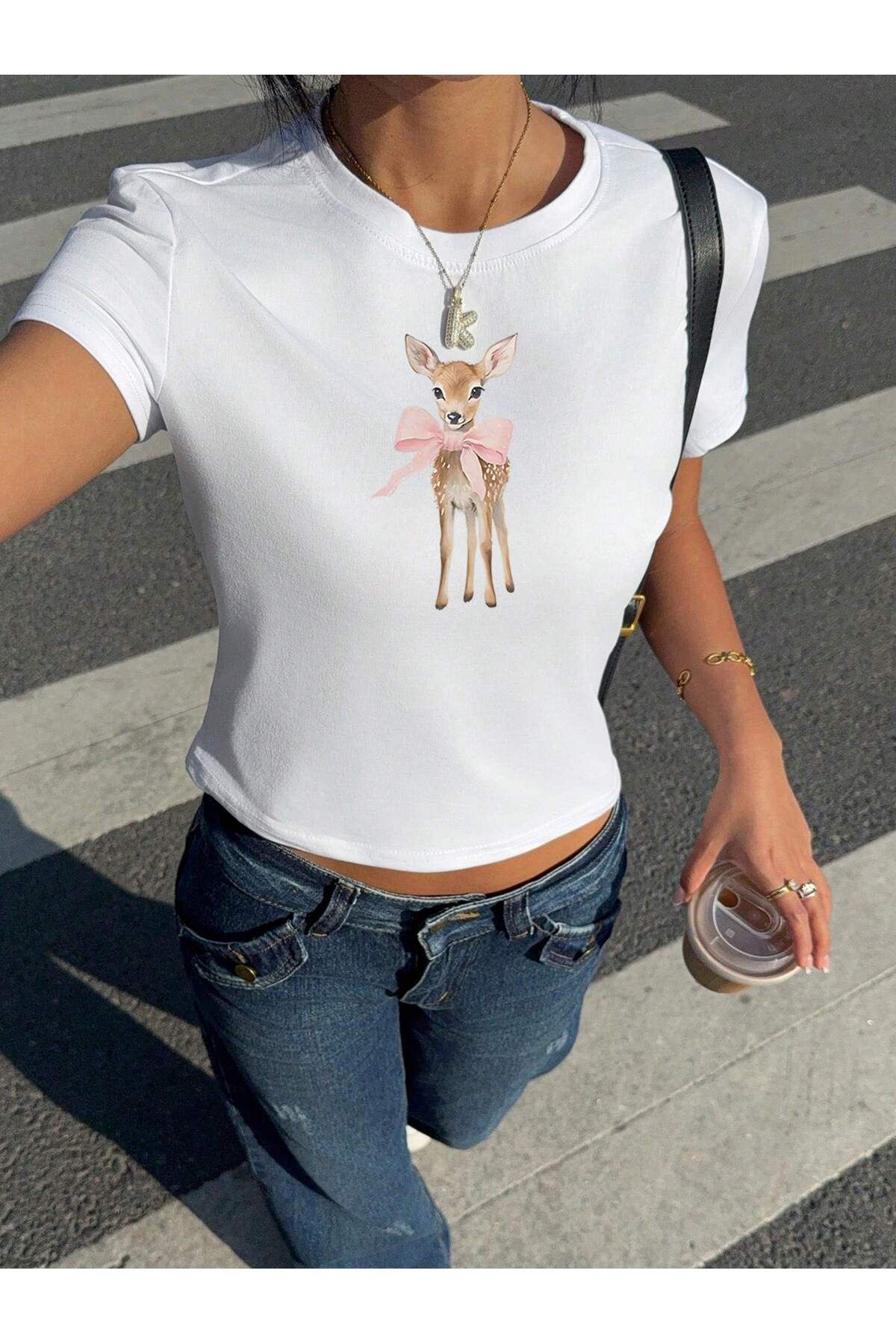 JANSO GROUP - KADIN KISA KOLLU CROP TSHIRT BASKILI sol PAMUKLU PENYE KUMAŞ