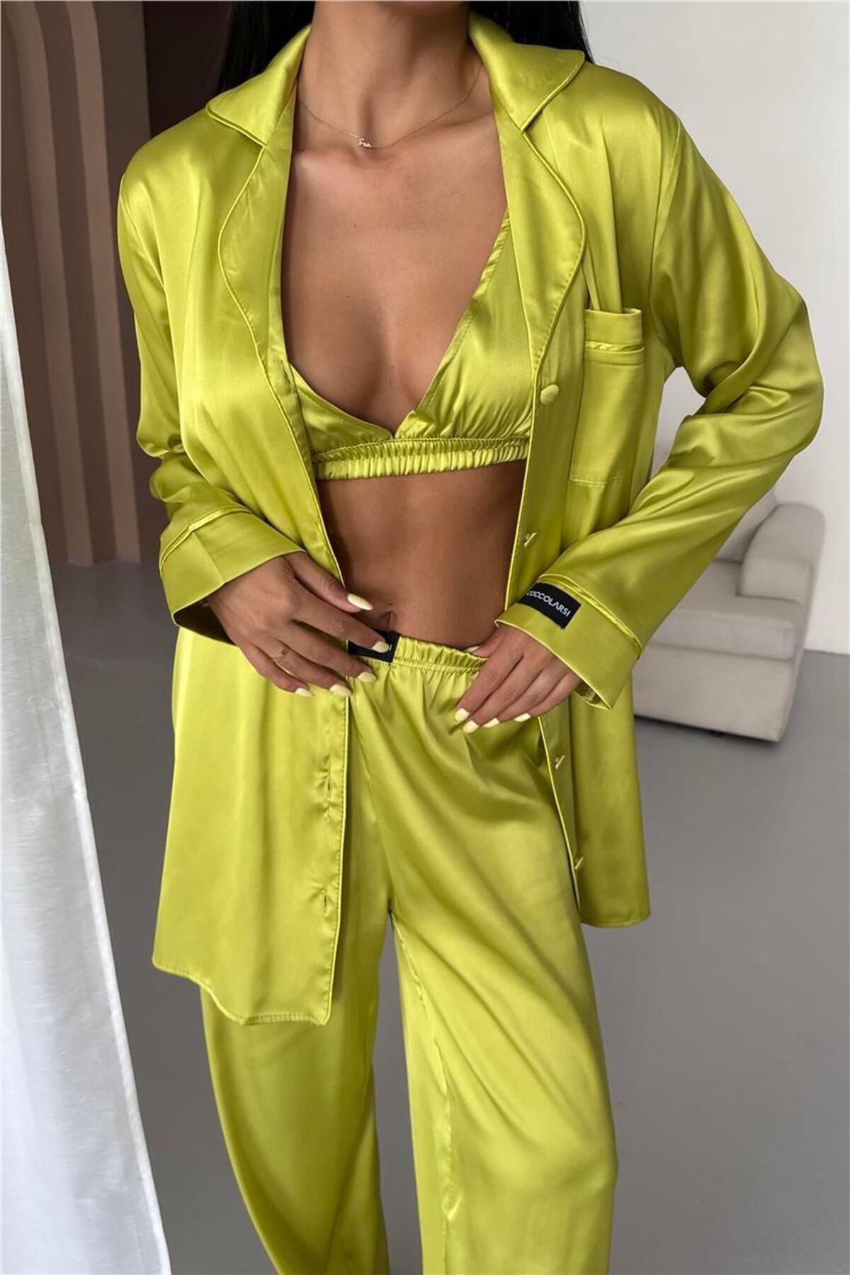 COCCOLARSI Vento Della Notte Yağ Yeşili Saten Uzun Üçlü Pijama Takımı