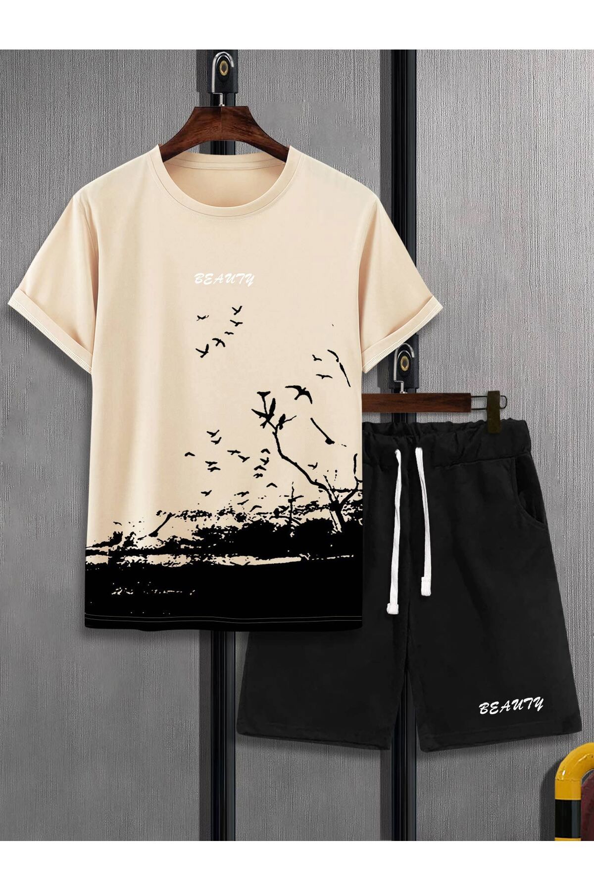 aynewmoda Harf ve kuş desenli ve bağcıklı bel detaylı erkek tişört ve şort