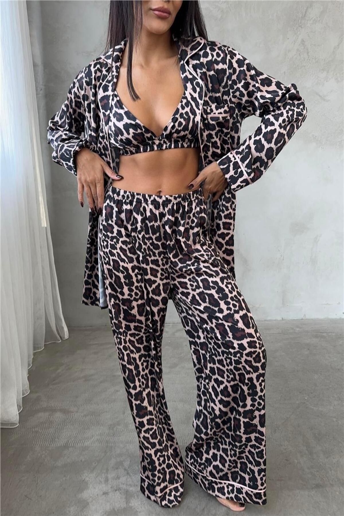 COCCOLARSI Leopardo Marrone Saten Uzun Üçlü Pijama Takımı