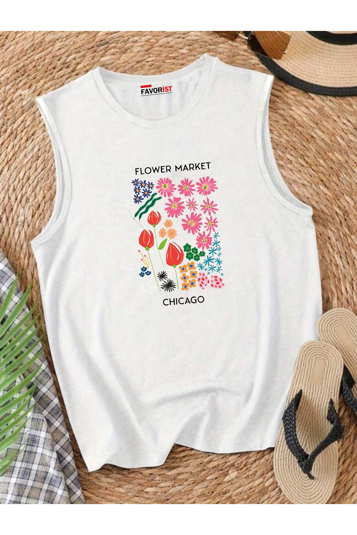 FAVORİST Şehrin Çiçekleri Omuzu Açık Kadın Pamuklu Kolsuz Yazlık T-shirt Atlet