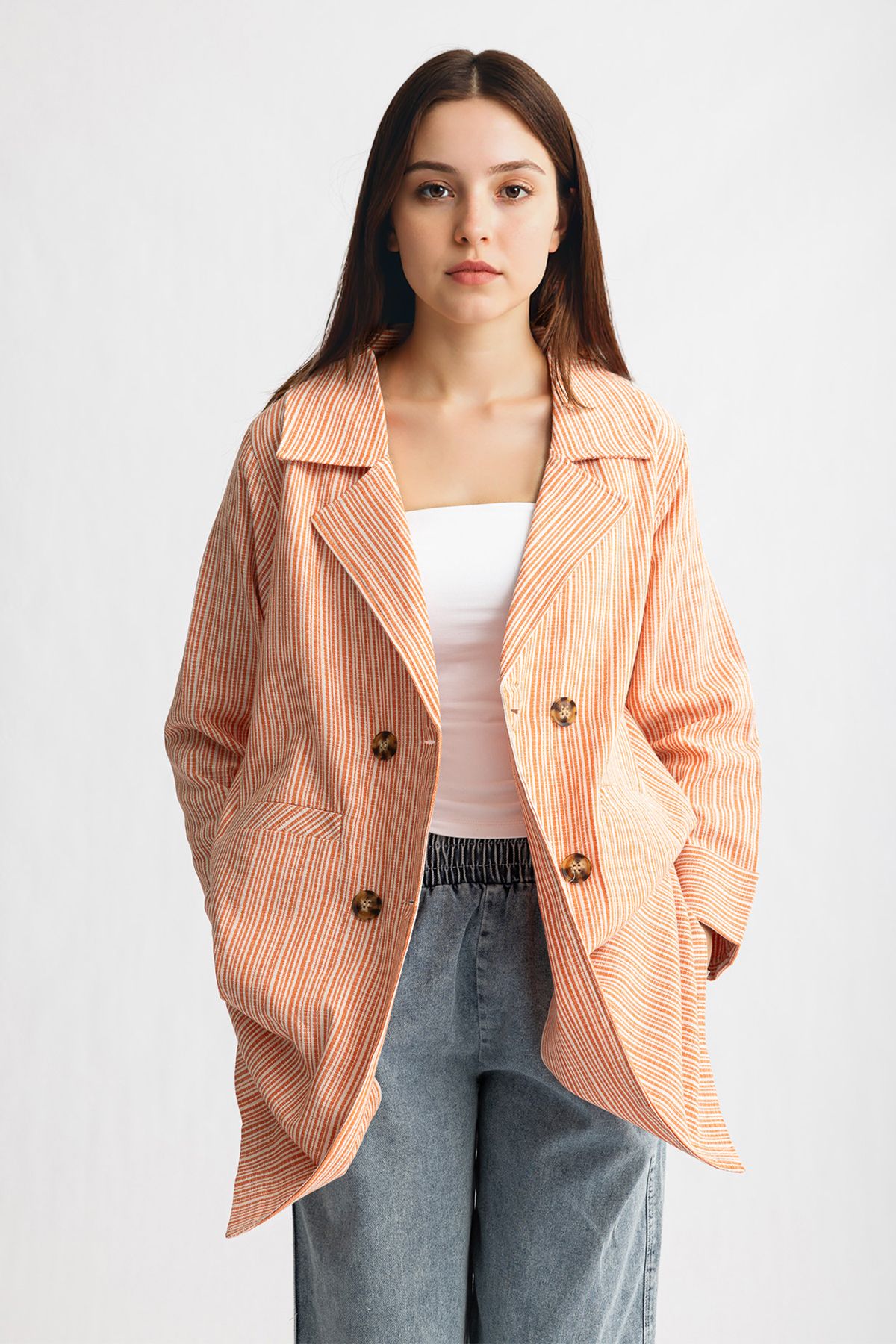 Suede Style 8032 - Rahat Şık Kadın Dokuma Düğmeli Tunik Ceket