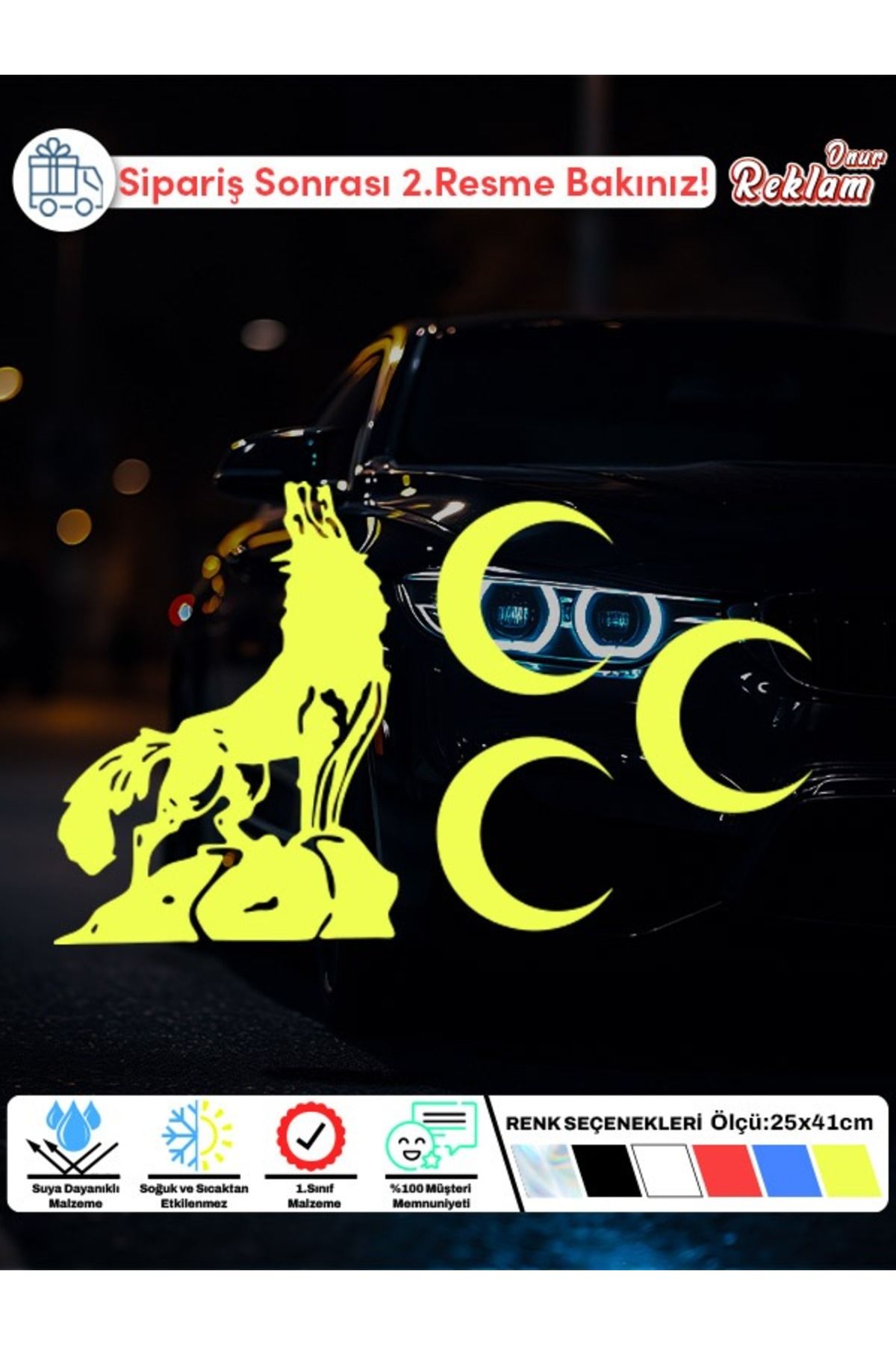 Onur Reklam Bozkurt & Üç Hilal Sticker | 25x41 cm Dış Mekan Araba Stickerı | Renk Seçenekli