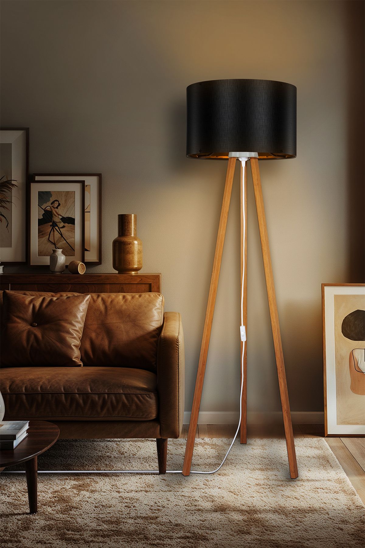 AG LightDesign Krem Lambader Abajur 3 Ayaklı Tripod Kumaş Ahşap Üç Ayak