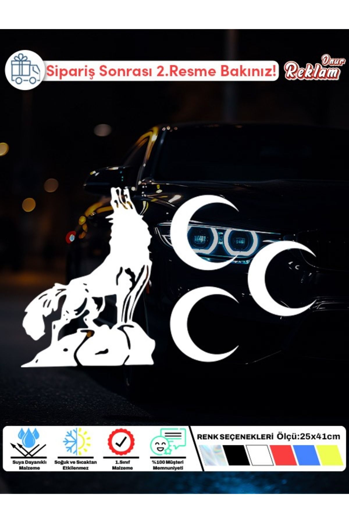Onur Reklam Bozkurt & Üç Hilal Sticker | 25x41 cm Dış Mekan Araba Stickerı | Renk Seçenekli