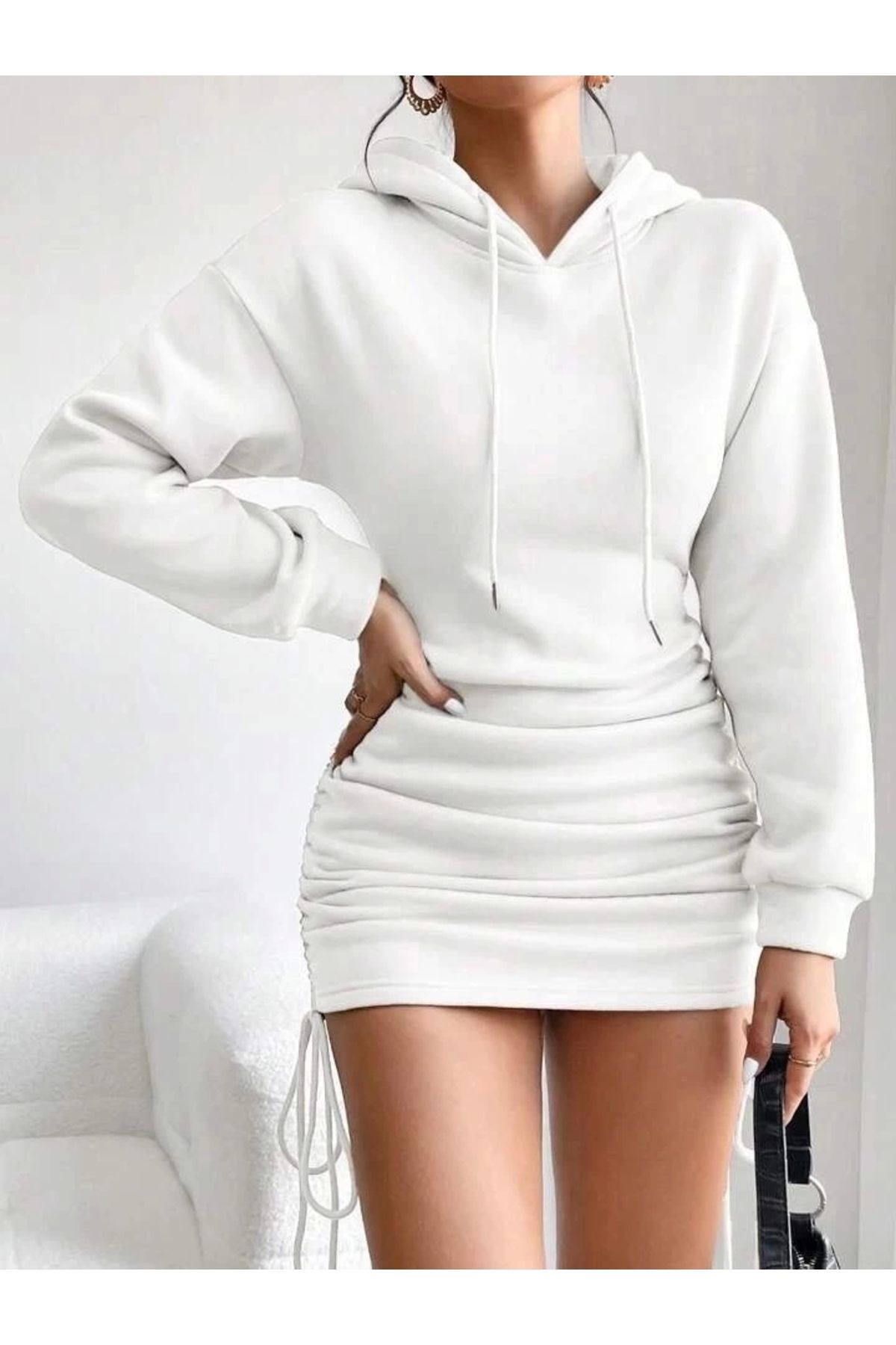 BellevieStore 3 iplik şardonlu kompact kapşonlu elbise beyaz