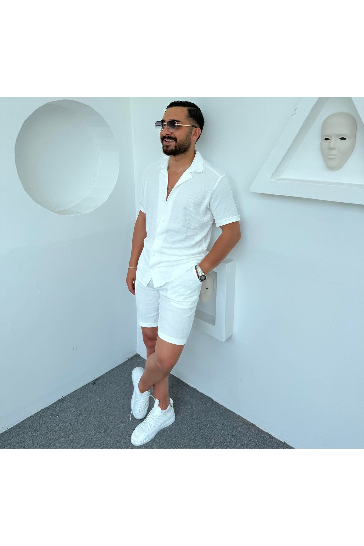 Fifty Color Alaçatı Stili Bürümcük Krinkıl Kumaş Yazlık Likralı Erkek Kısa Kol Gömlek ve Şort Takım