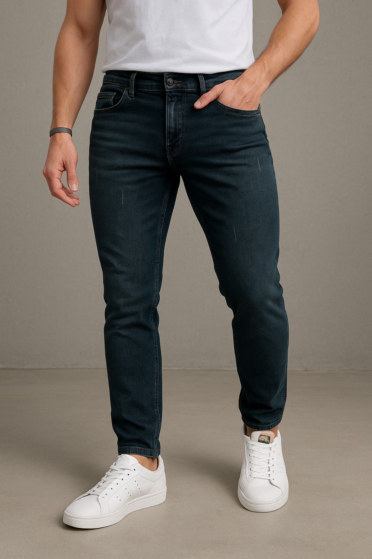 moda biz Erkek Koyu Mavi Slim Fit Düz Paça Rahat Kalıp Pamuklu Kot Pantolon