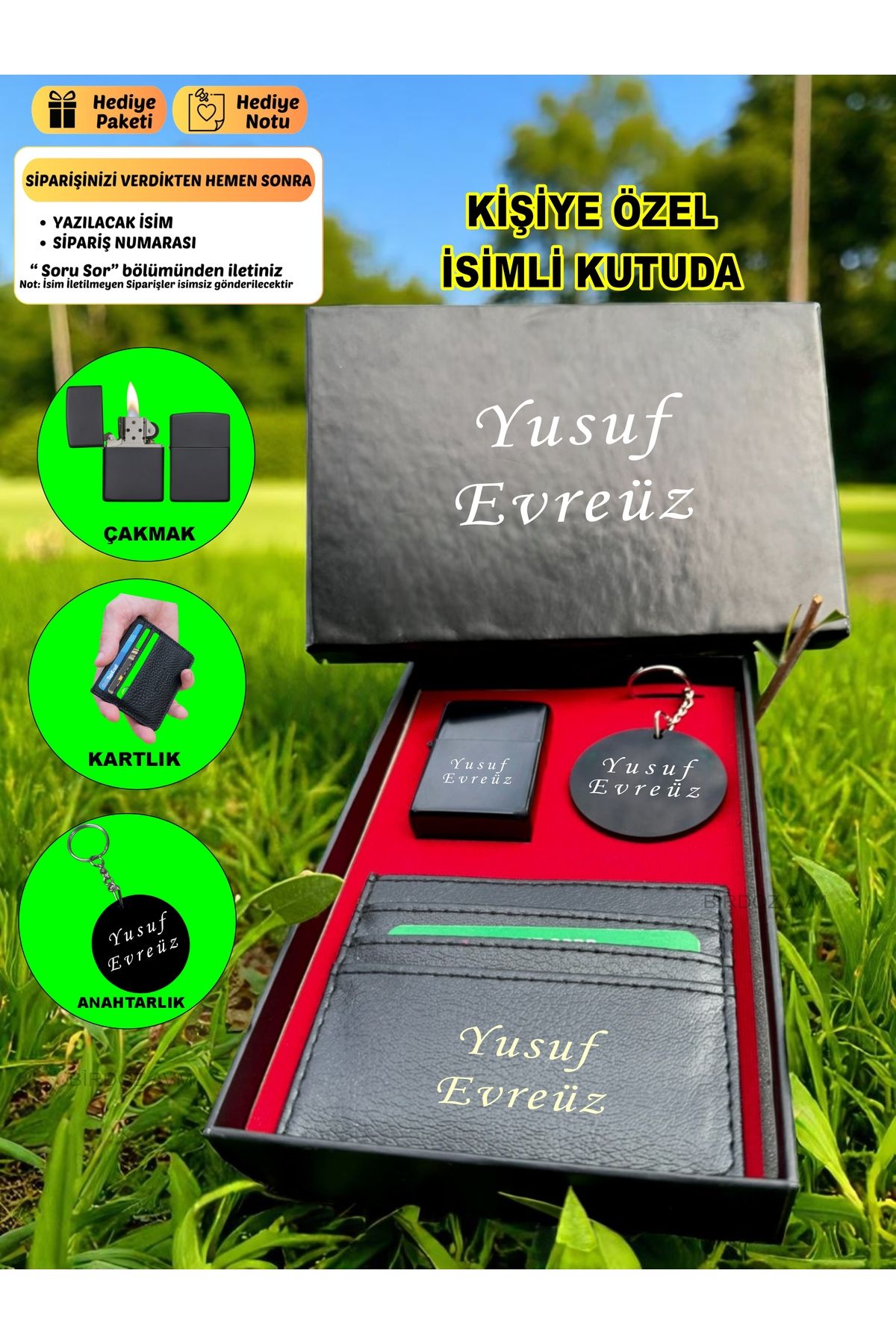 birdoz avm Kişiye Özel İsimli Benzinli Lüks Çakmak & Kartlık & Anahtarlık 3 Lü Hediye Set Özel Kutulu