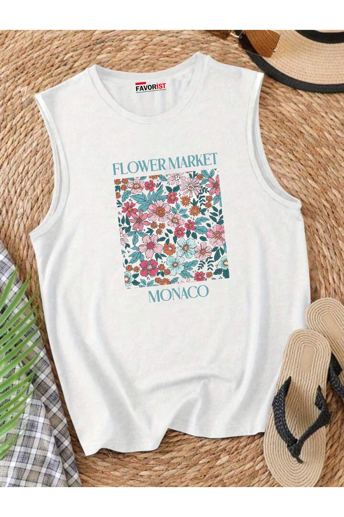 FAVORİST Şehrin Çiçekleri Omuzu Açık Kadın Pamuklu Kolsuz Yazlık T-shirt Atlet