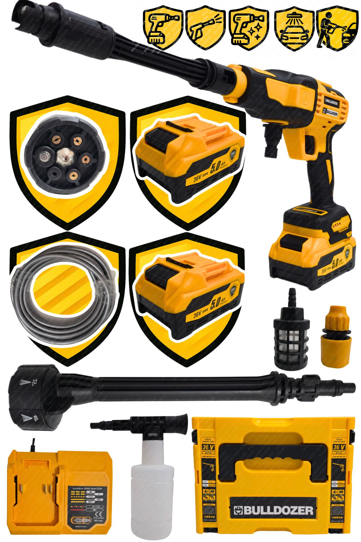 Bulldozer Kömürsüz Çift Akülü Şarjlı Oto Araç Yıkama Makinesi