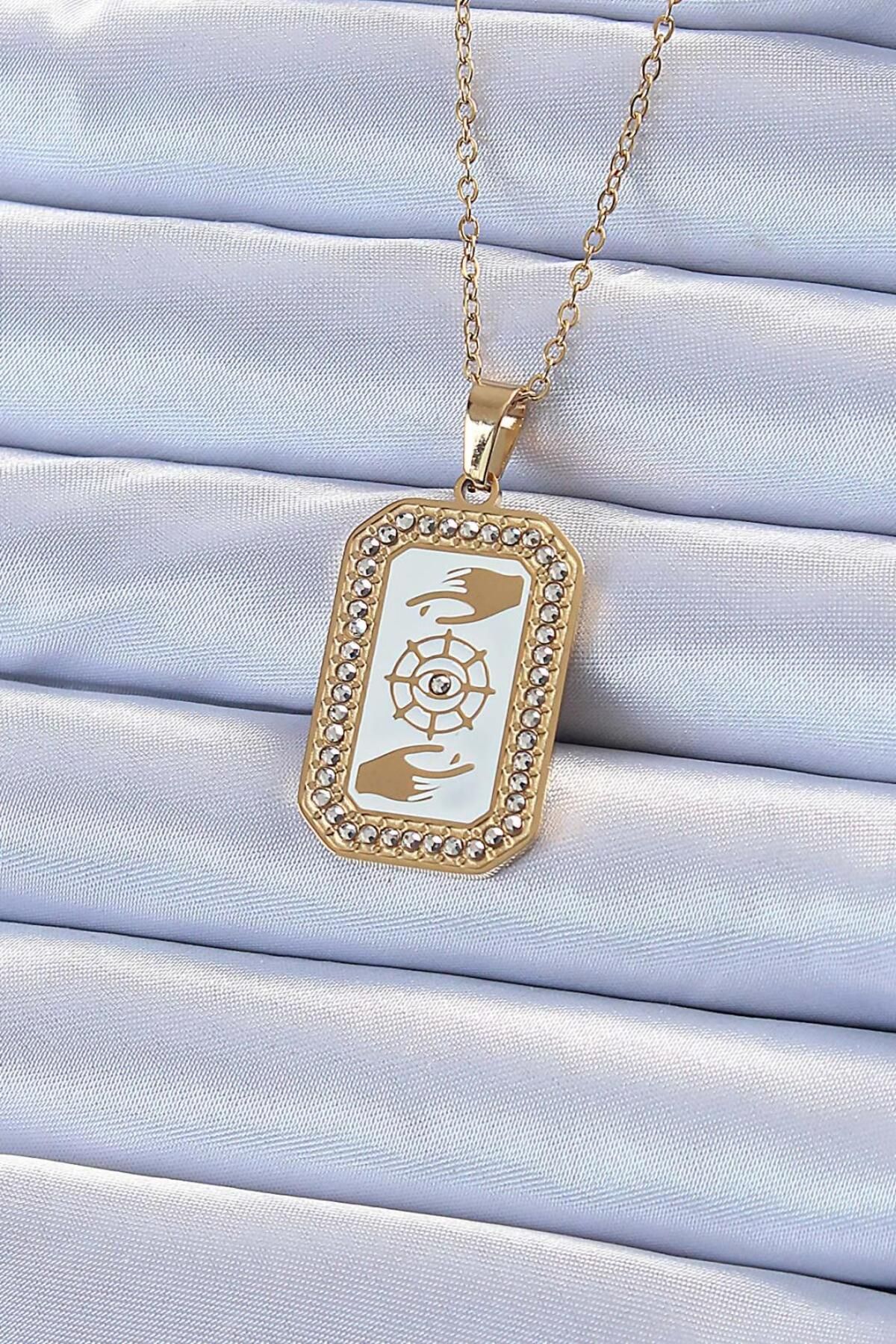 AfraBeauty 316L Çelik Zincir Altın Renk Mineli Zirkon Taşlı Göz Figür Tarot Kolye