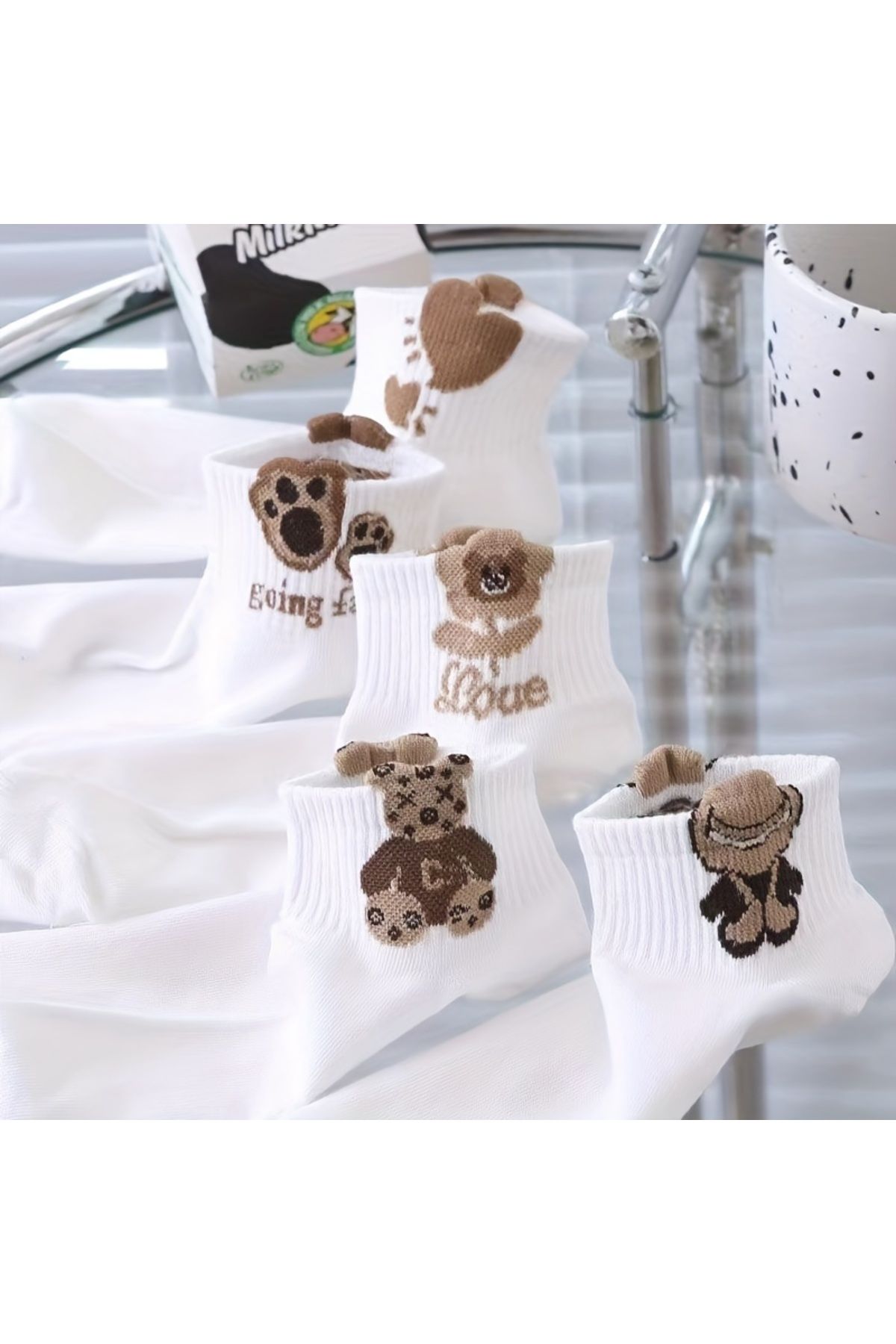 çorapmanya 5 Çift Ayı Desenli Çok Renkli Teddy Bear Kadın 3 Boyutlu Yarım Konç Kolej Çorap