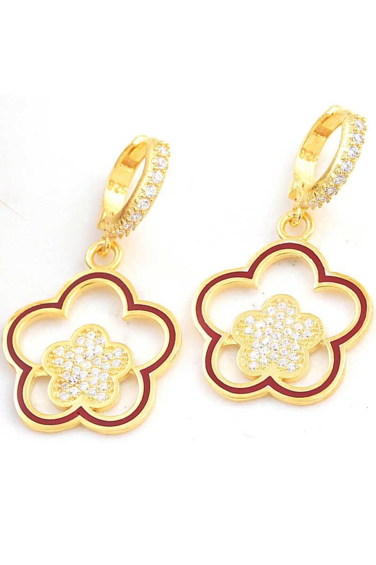 supertrend Süpertrend Gümüş Gold Sallantılı Çiçek Desenli Kadın Küpe