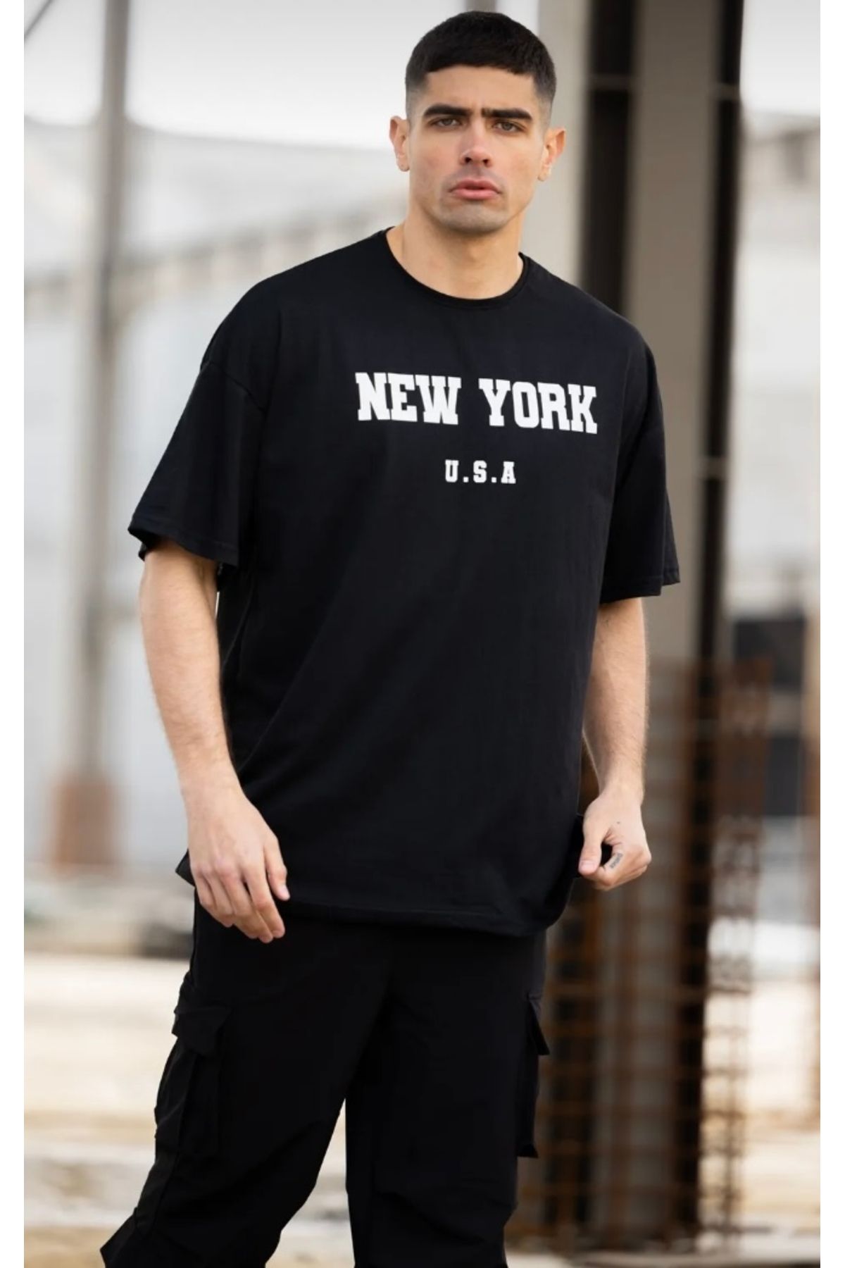 SADE Buteks New York baskılı oversize siyah T shirt
