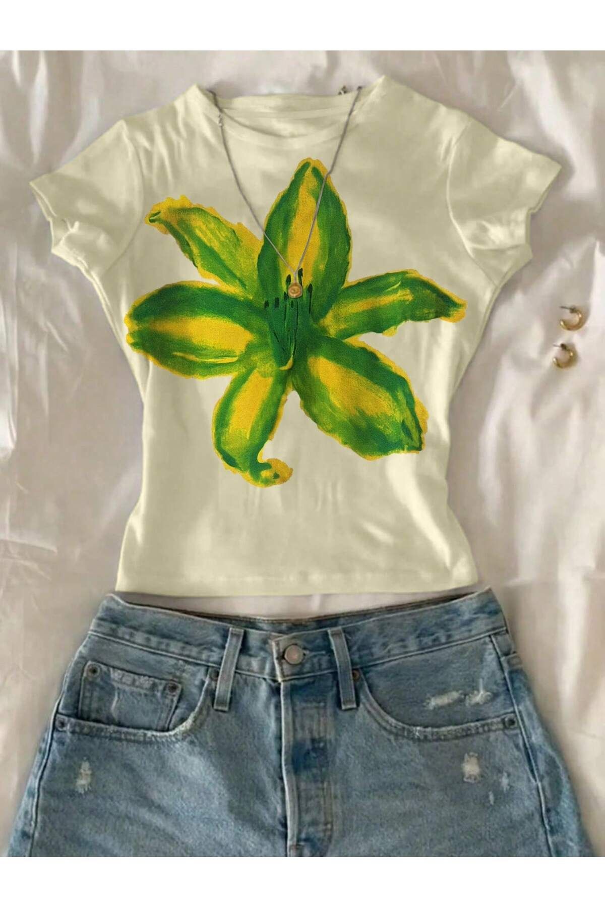 JANSO GROUP - KADIN KISA KOLLU CROP TSHIRT BASKILI NYC PAMUKLU PENYE KUMAŞ
