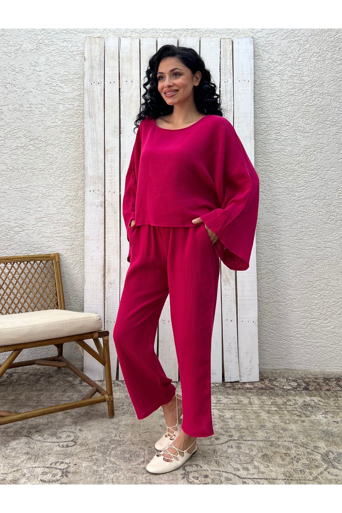 KÜÇÜĞÜM BUTİK Fuşya Müslin Pantolon Bluz İkili Takım (PANTOLON-BLUZ)