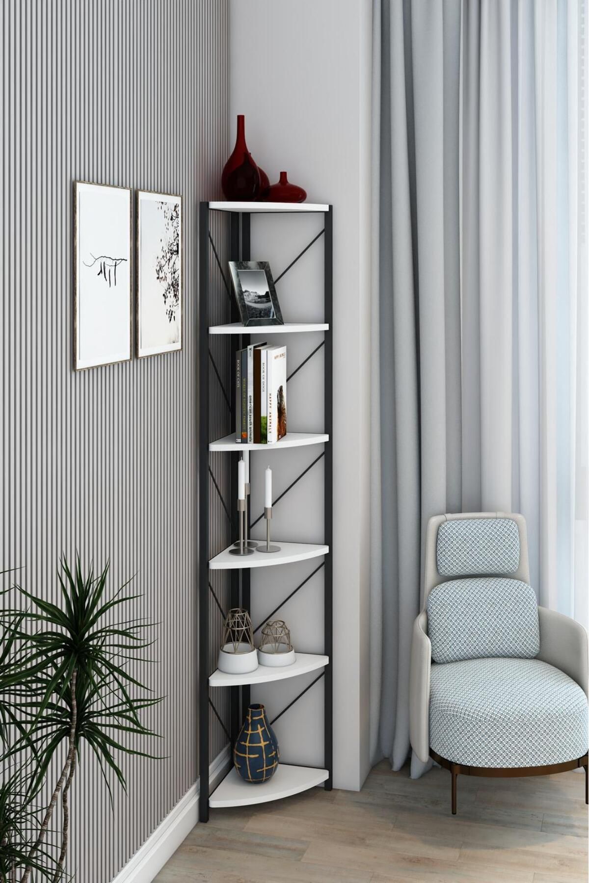 Remaks Datça 6 Raflı Metal Köşe Kitaplık Rafı Dekoratif Aksesuar Rafı 180 Cm Beyaz