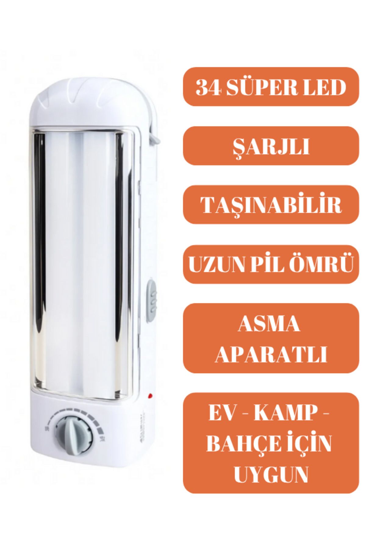 GOBAX Kamp Lambası 34 Süper Led Kademeli Lamba Işıldak Portatif Fener Fiş Şarjlı Aparatlı Kulplu