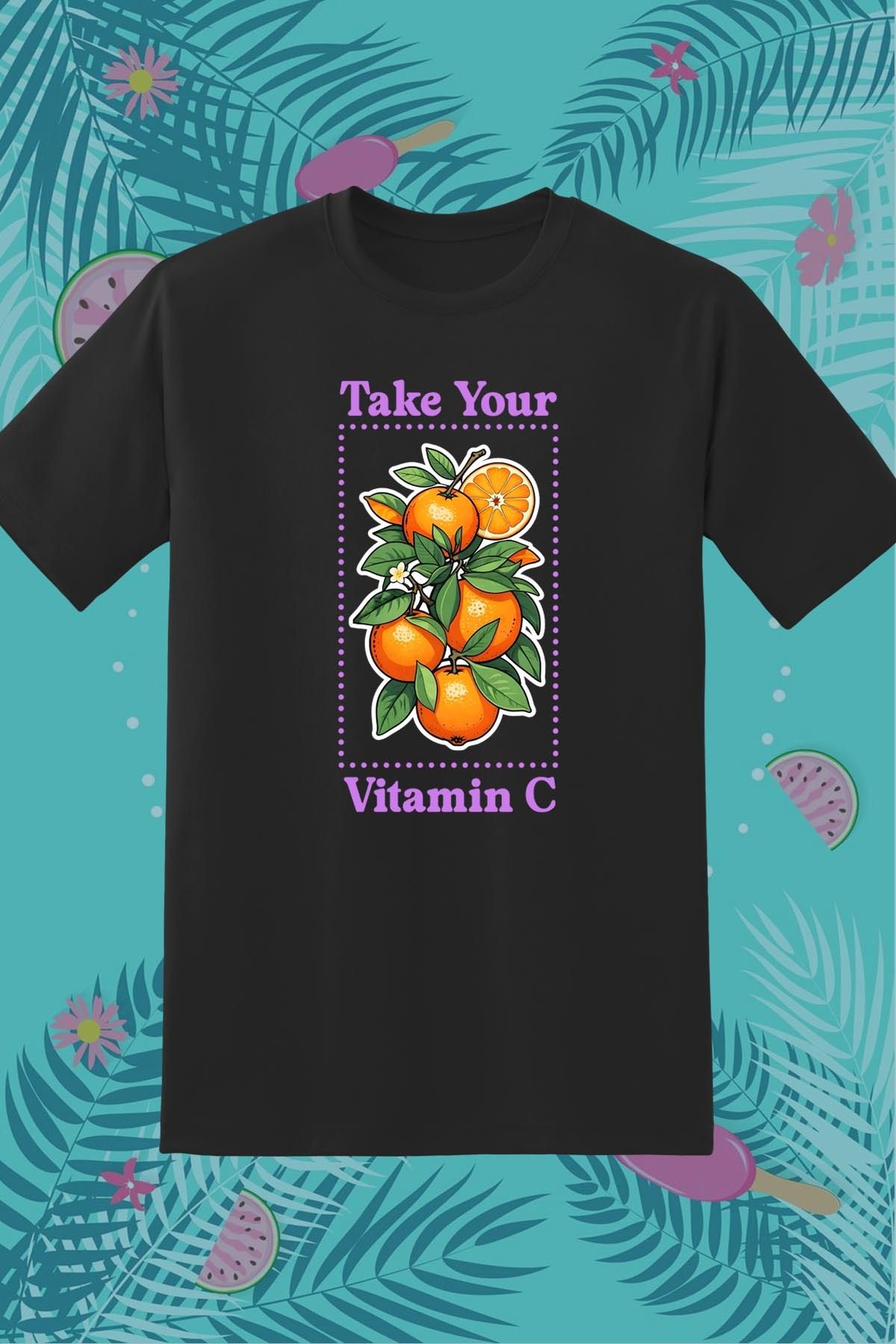 362BASKI Yaz Temalı Portakal Take Your Vitamin C Baskılı Tshirt