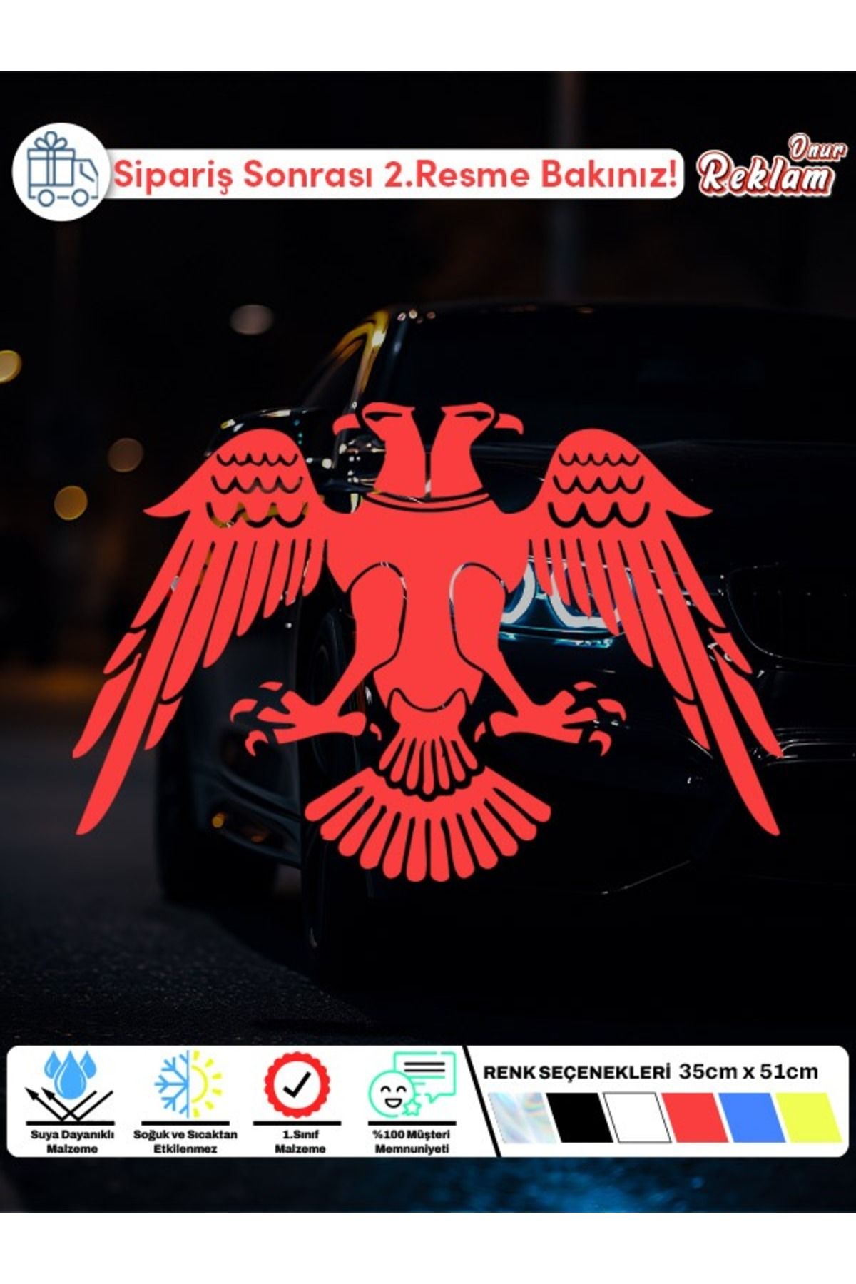 Onur Reklam Çift Başlı Kartal Sticker – Suya Dayanıklı Araç Camı ve Kaput Etiketi 35x51 cm – 6 Renk Seçeneği