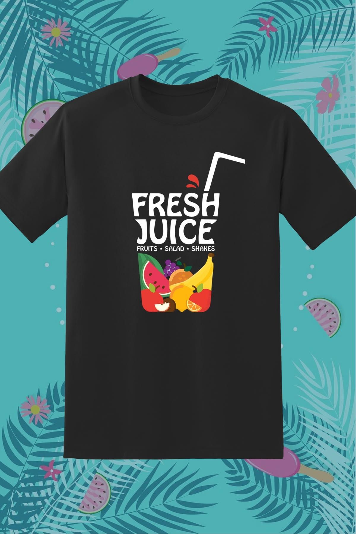 362BASKI Yaz Temalı Karışık Meyveler Fresh Juice Baskılı Tshirt