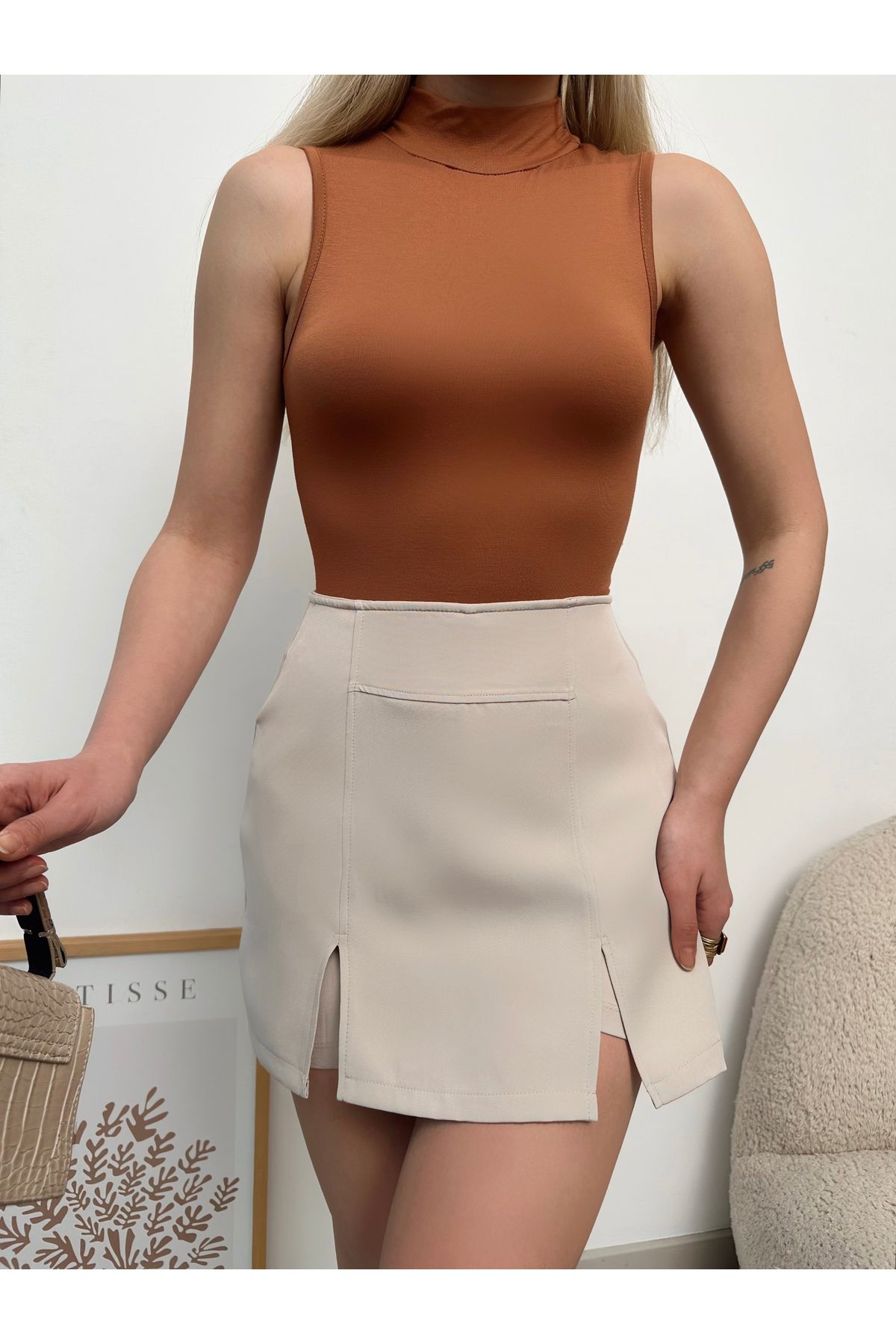 ladyzey kadın kahverengi balıkçı yaka kolsuz bluz