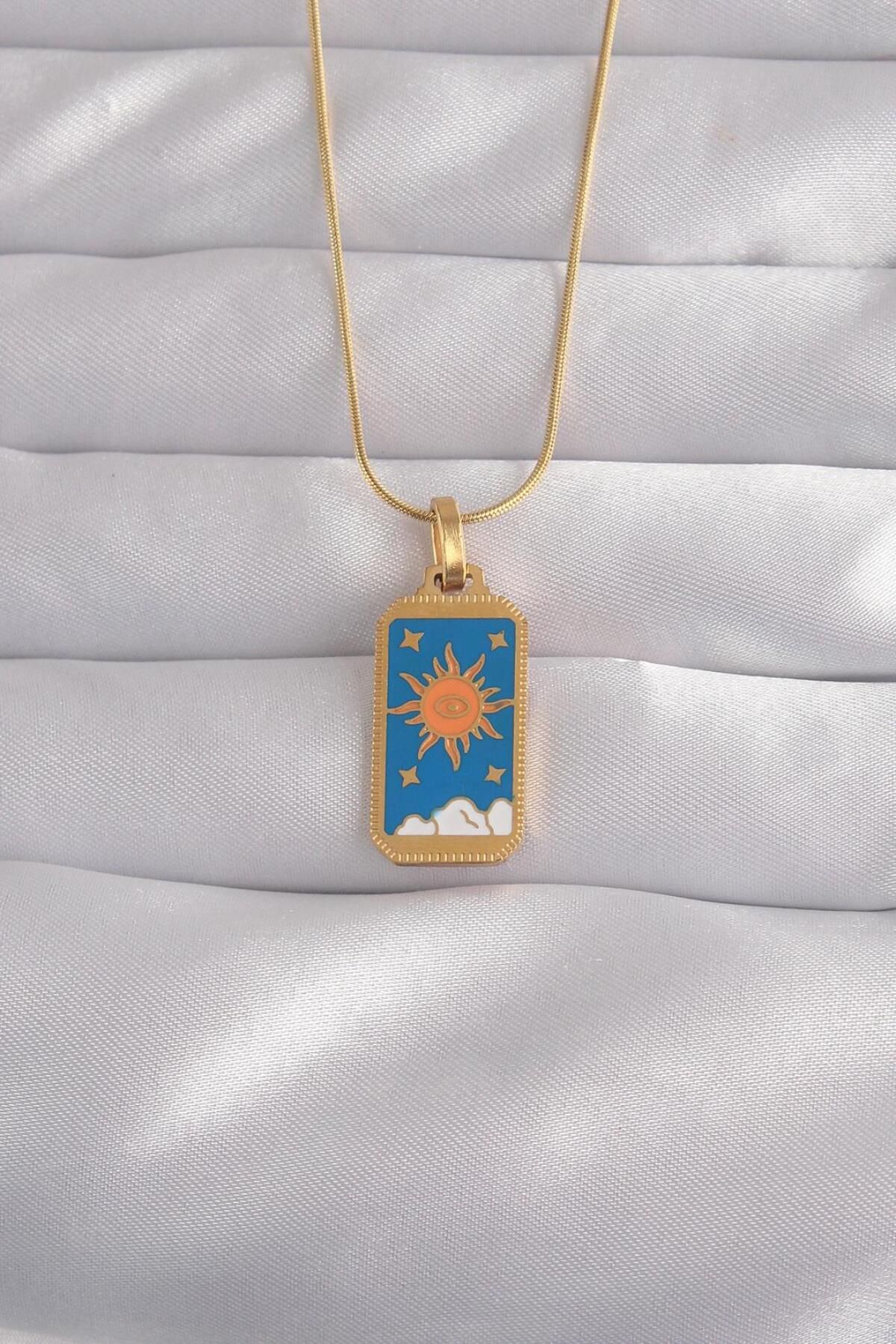 AfraBeauty 316L Çelik Gold Renk Mavi Mineli Güneş Model Tarot Kolye
