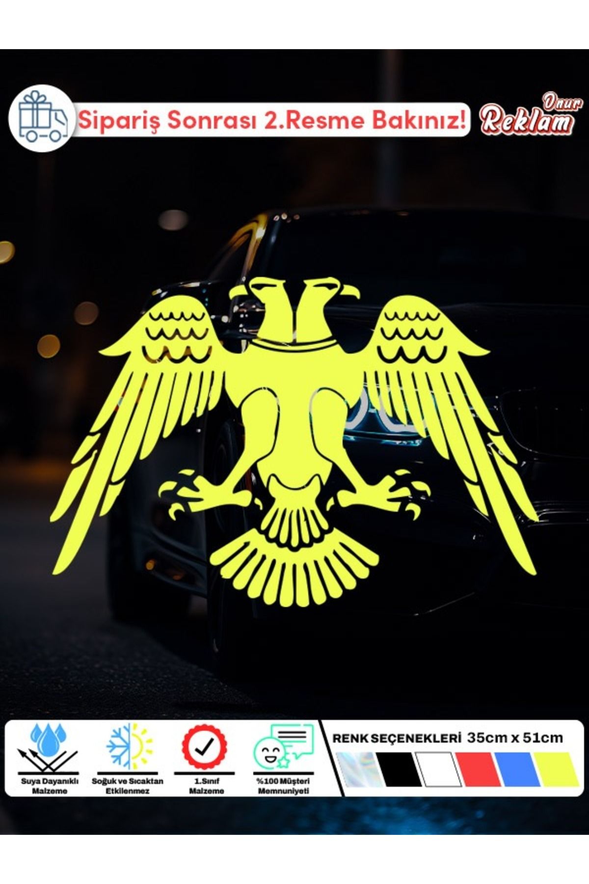 Onur Reklam Çift Başlı Kartal Sticker – Suya Dayanıklı Araç Camı ve Kaput Etiketi 35x51 cm – 6 Renk Seçeneği