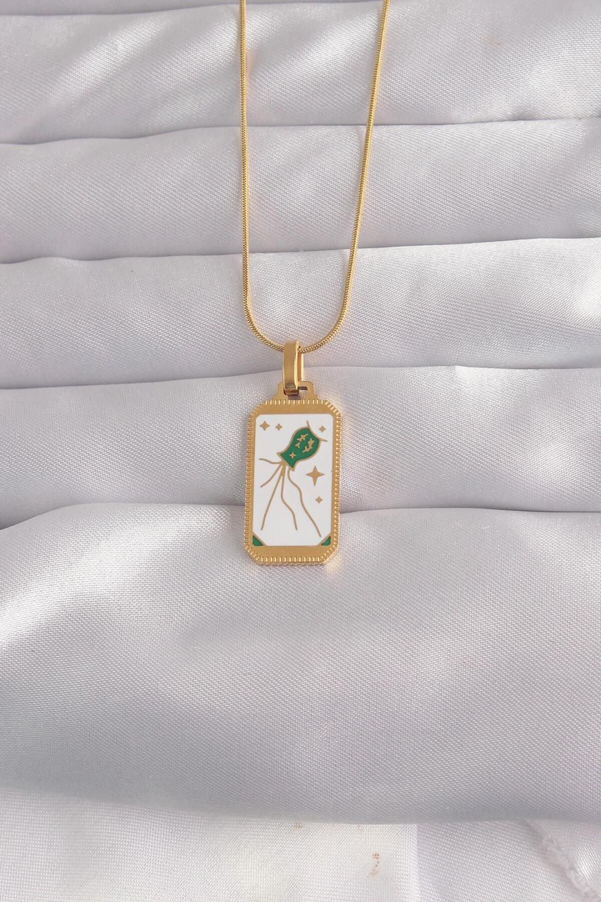 AfraBeauty 316L Çelik Gold Renk Beyaz Mineli Tarot Kolye