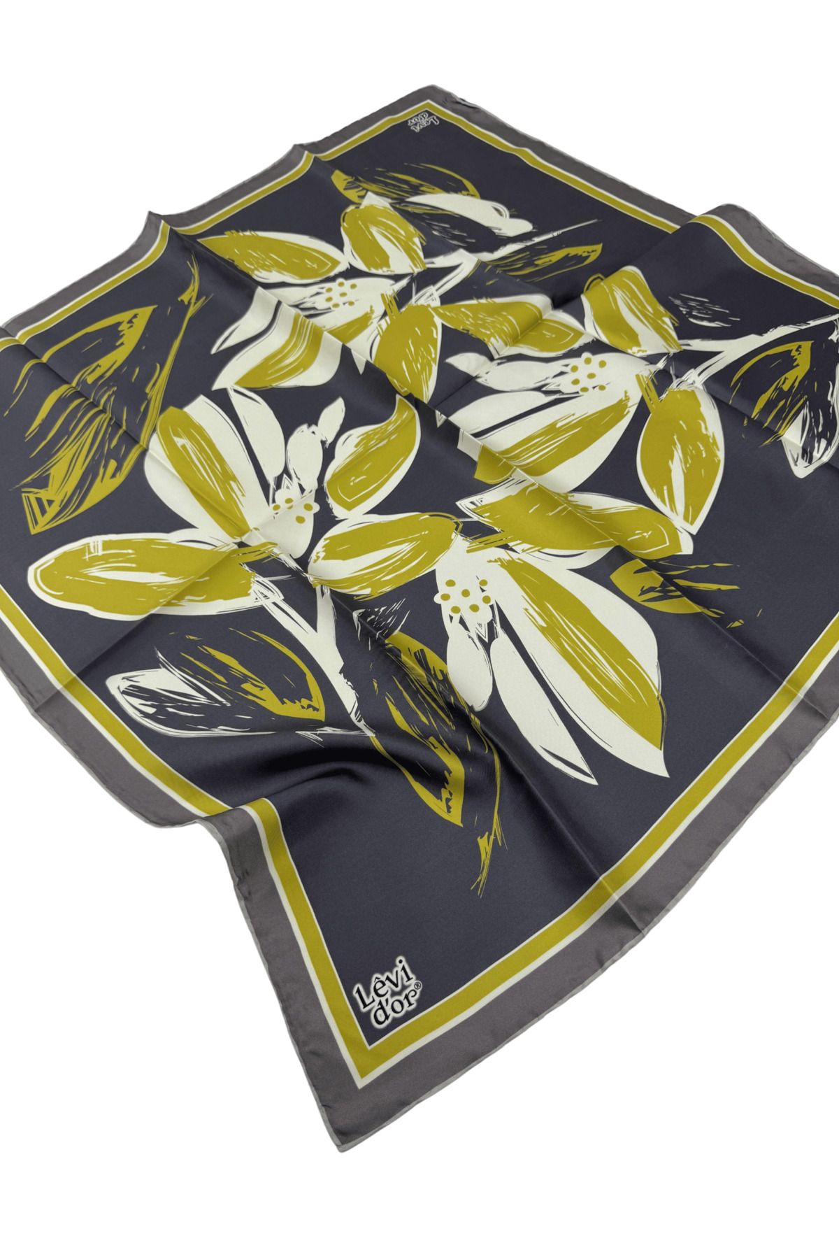 Levidor Twill İpek Eşarp LD474 Çiçekli Desen Füme-Sarı