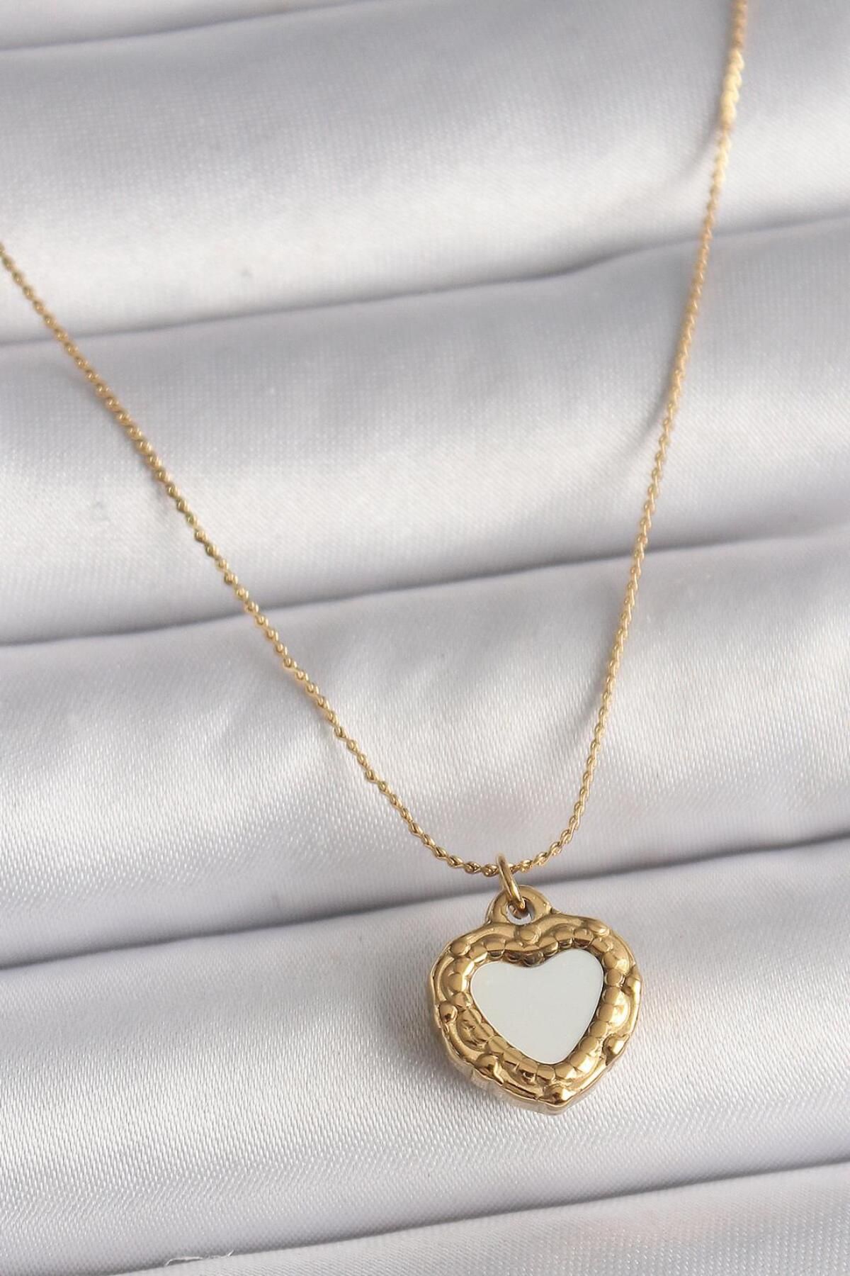 AfraBeauty 316L Çelik Gold Renk Zincir Sedefli Kalp Model Kadın Kolye