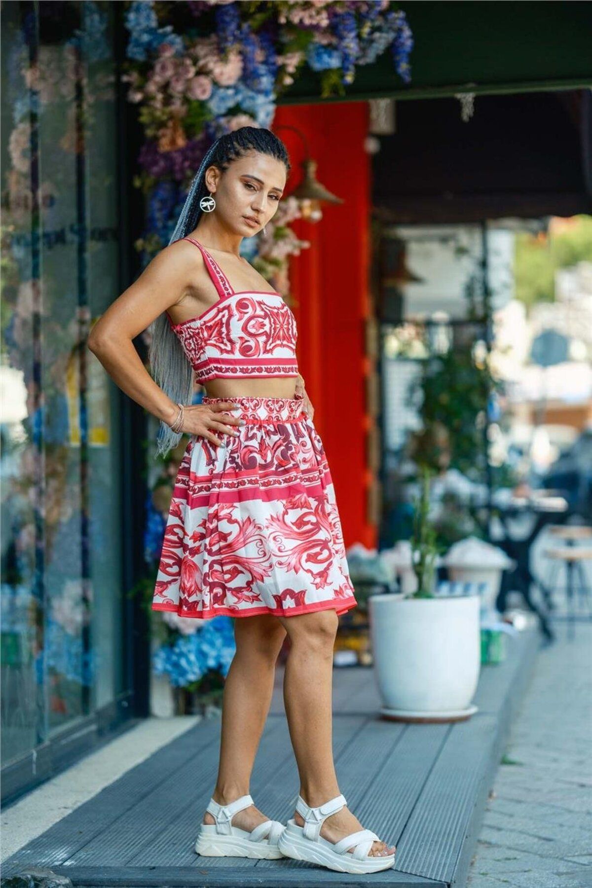Miss Boheme Pembe Desenli Kısa Etek Crop Takım