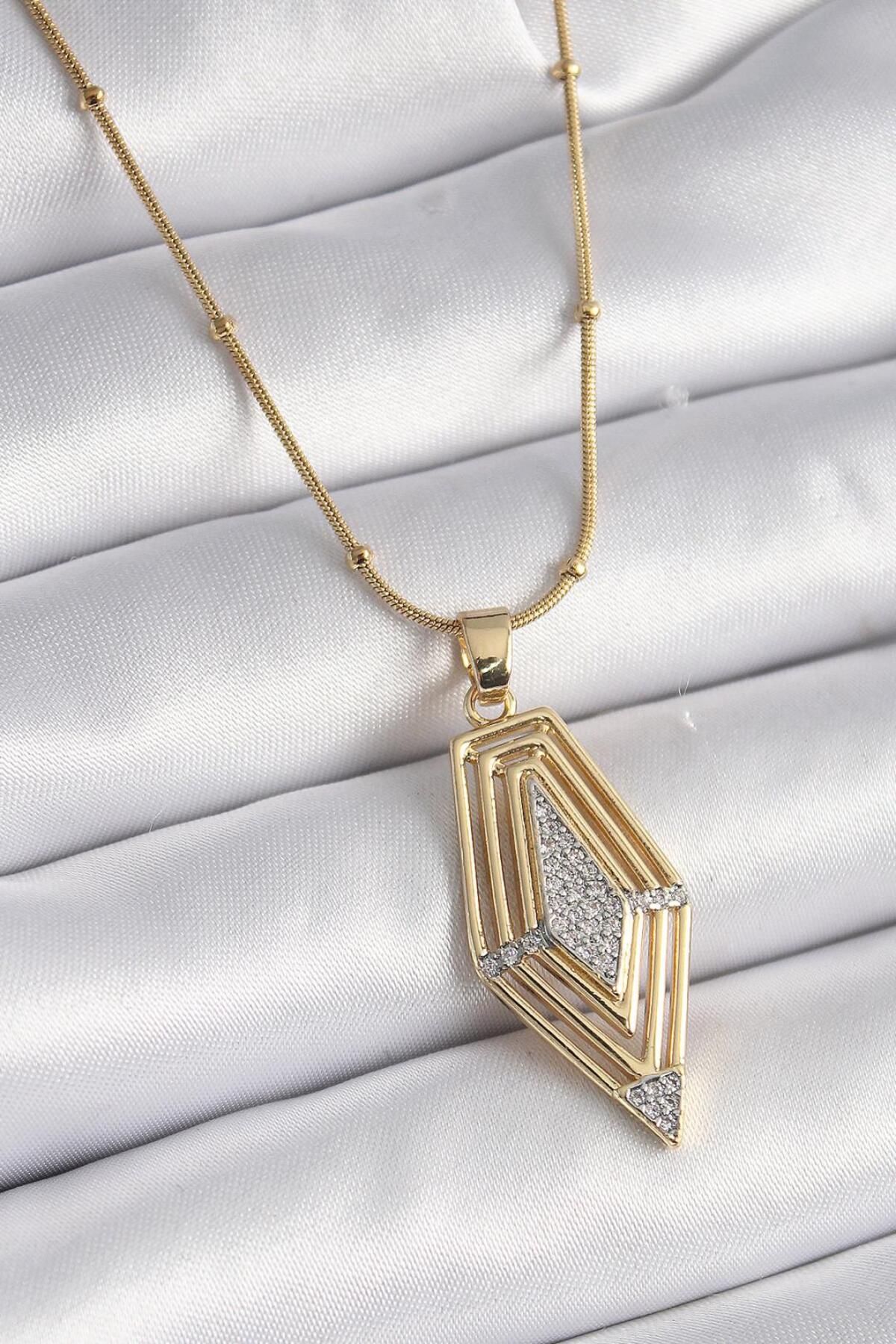 AfraBeauty 316L Çelik Gold Renk Zirkon Taşlı Vintage Model Kadın Kolye