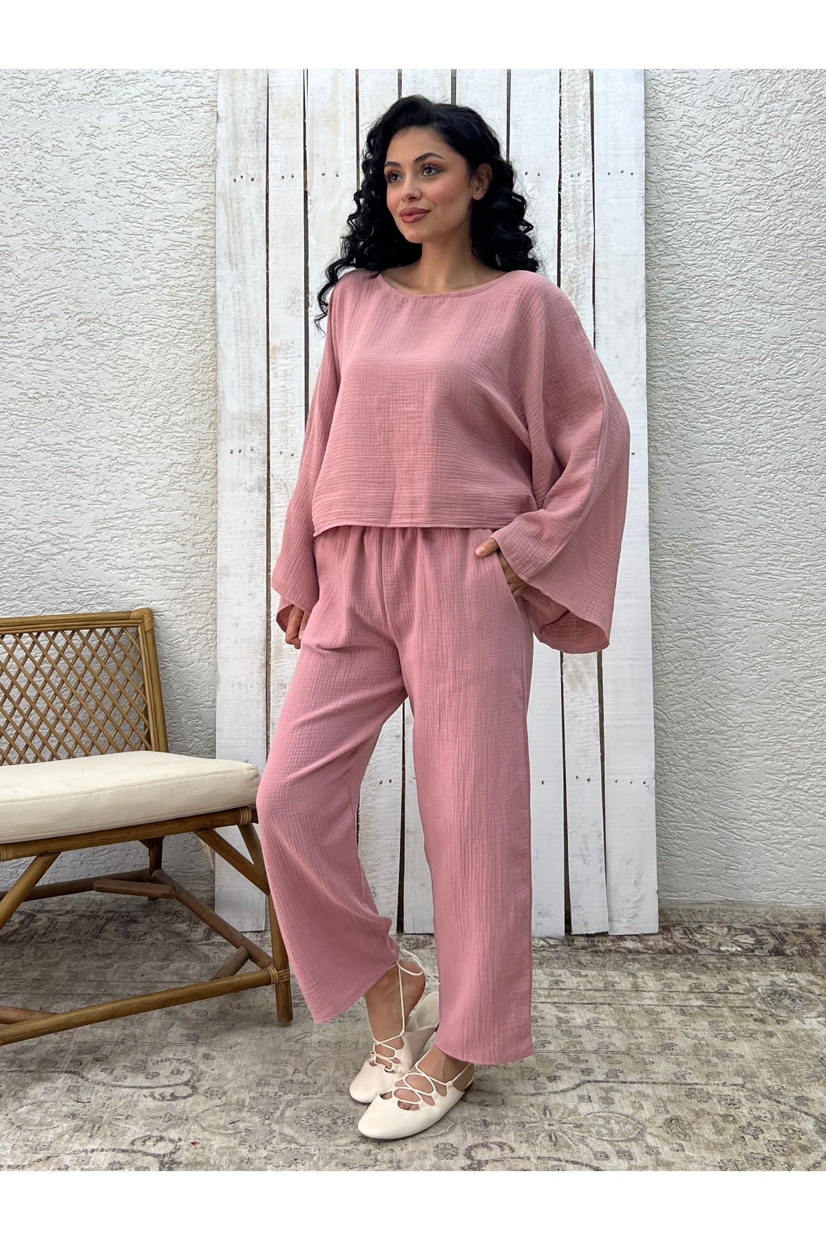 KÜÇÜĞÜM BUTİK Pudra Müslin Pantolon Bluz İkili Takım (PANTOLON-BLUZ)