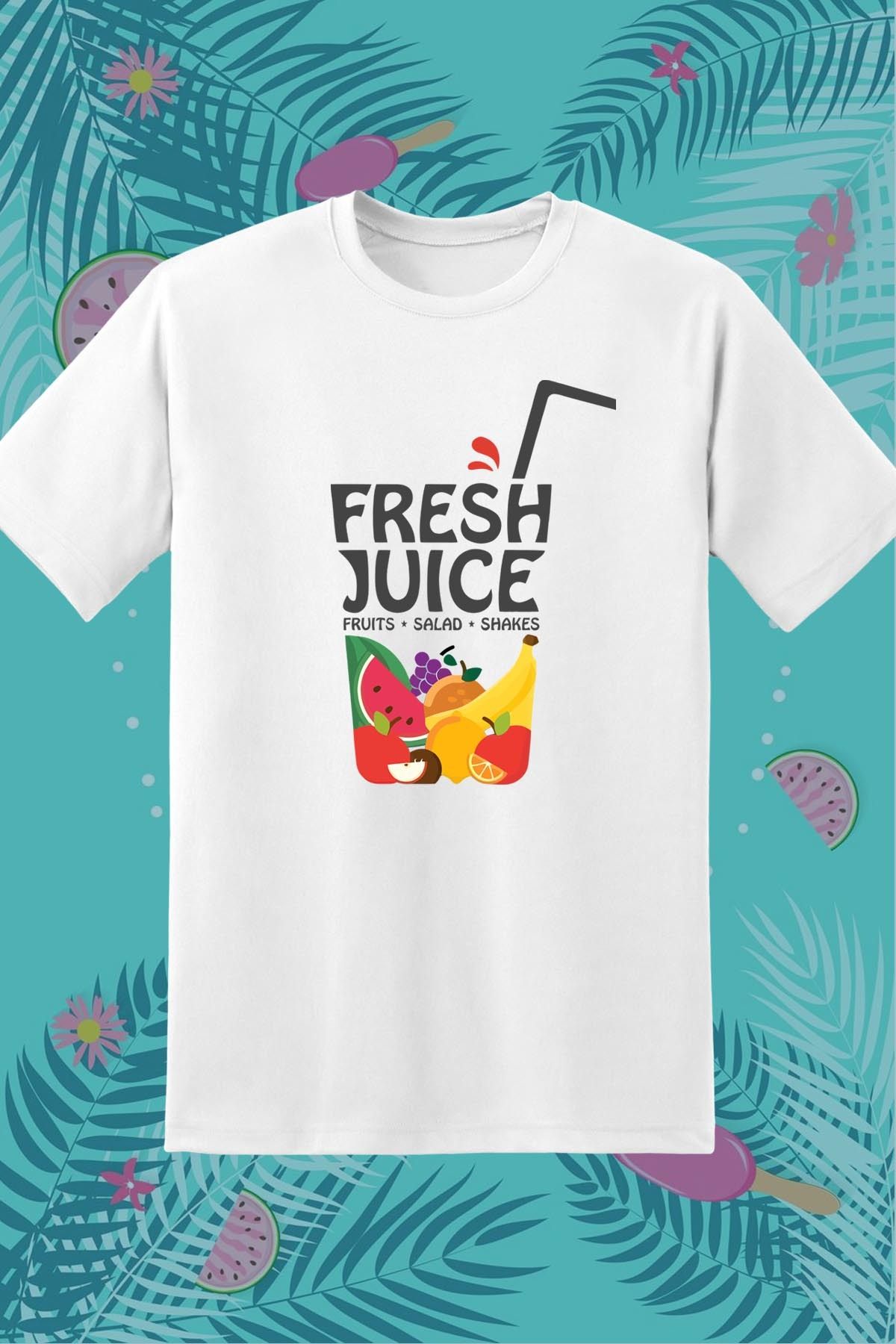 362BASKI Yaz Temalı Karışık Meyveler Fresh Juice Baskılı Tshirt