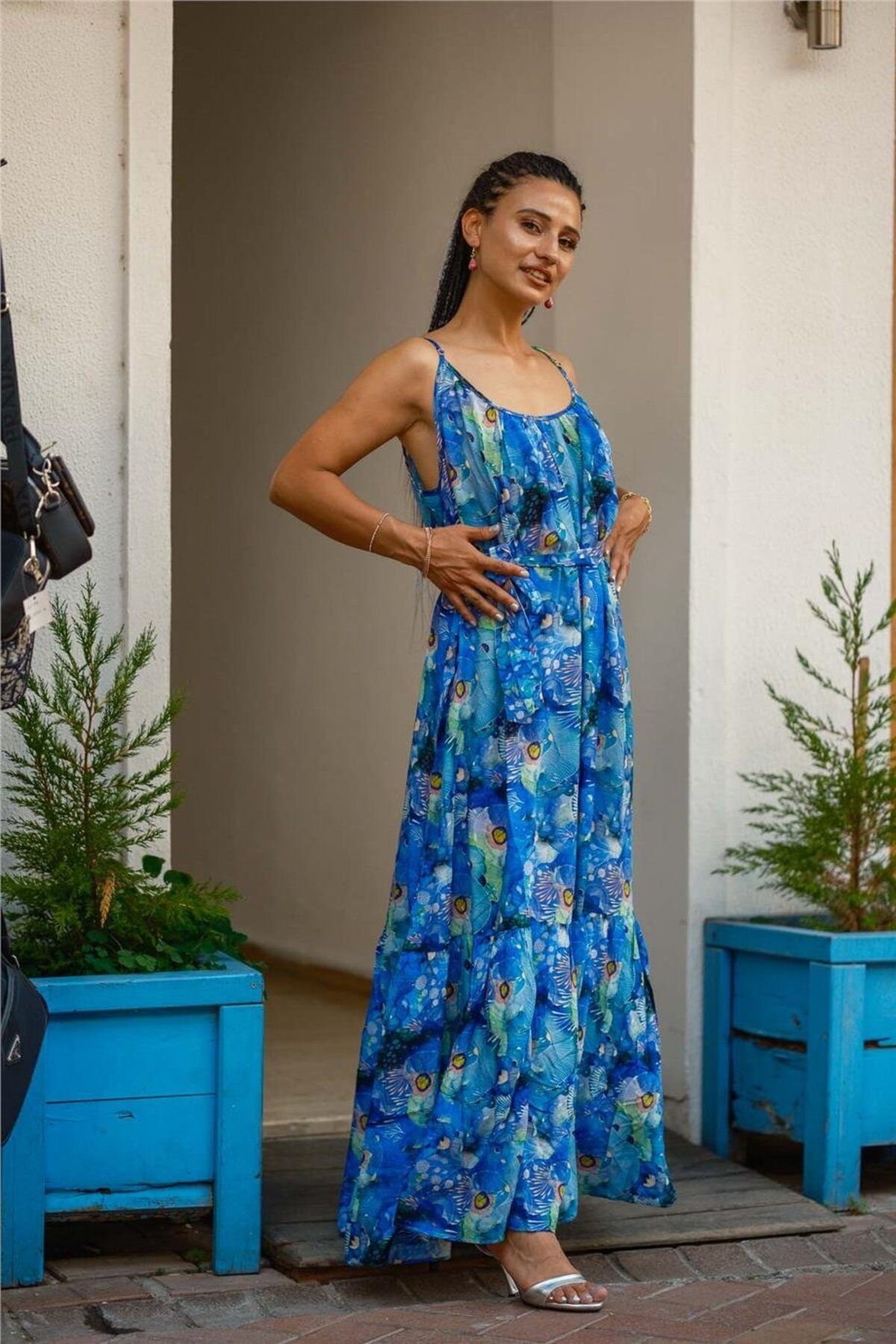 Miss Boheme Mor Renk Askılı Çiçek Desenli Kuşaklı Bohem Elbise