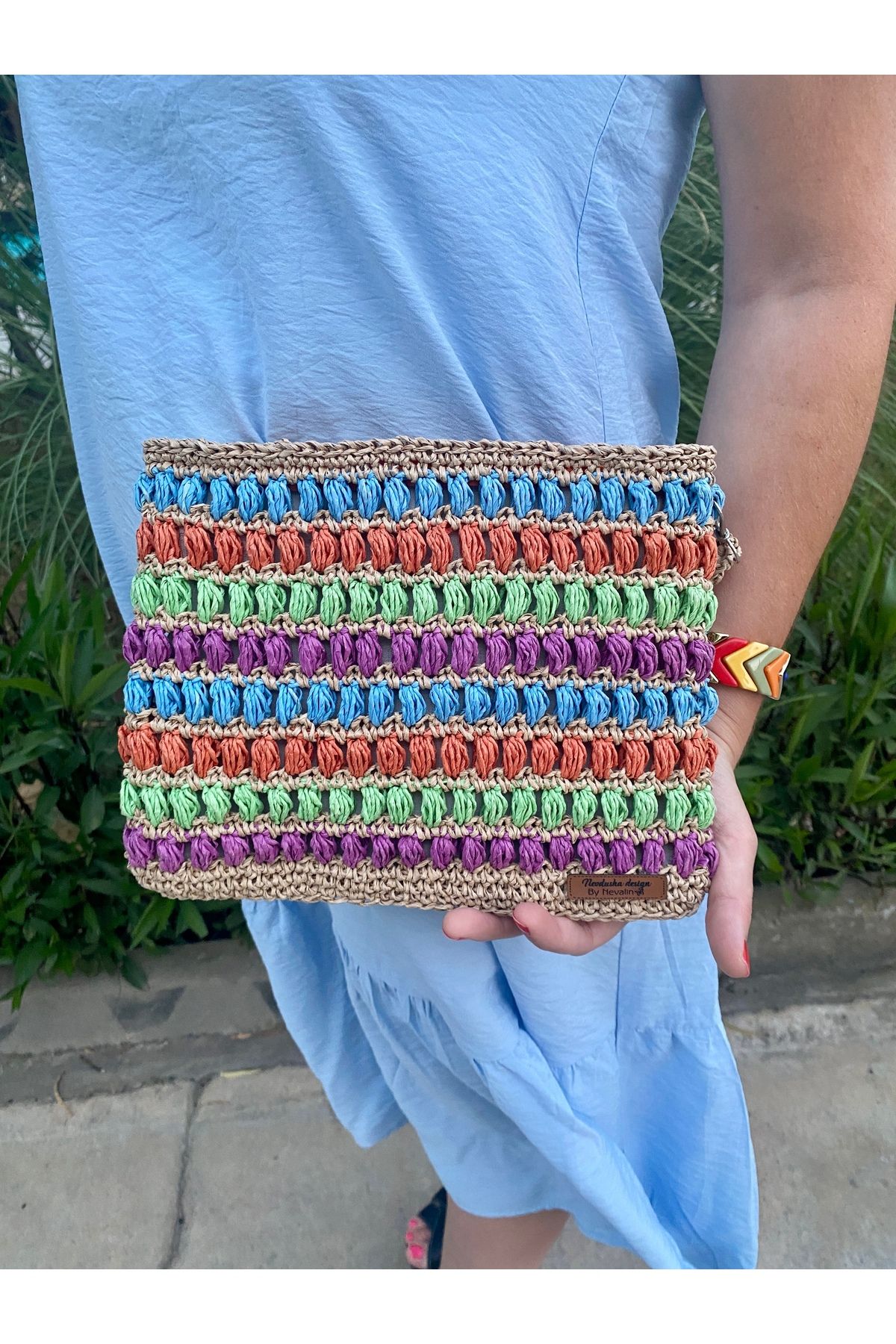 Nevdusha Design El Örgüsü Kadın Renkli Hasır Clutch Portföy El Çantası