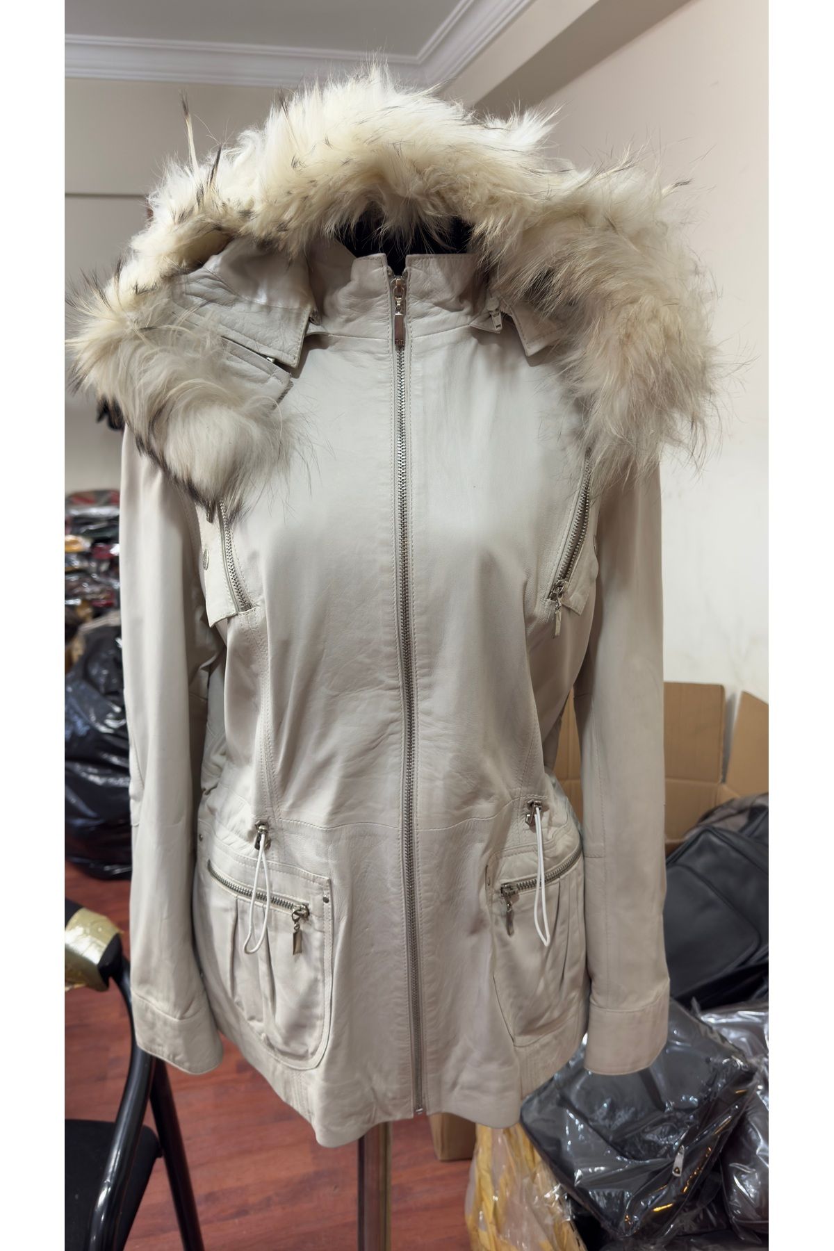 Butik Soft Bella Krem Hakiki Kürklü Deri Ceket
