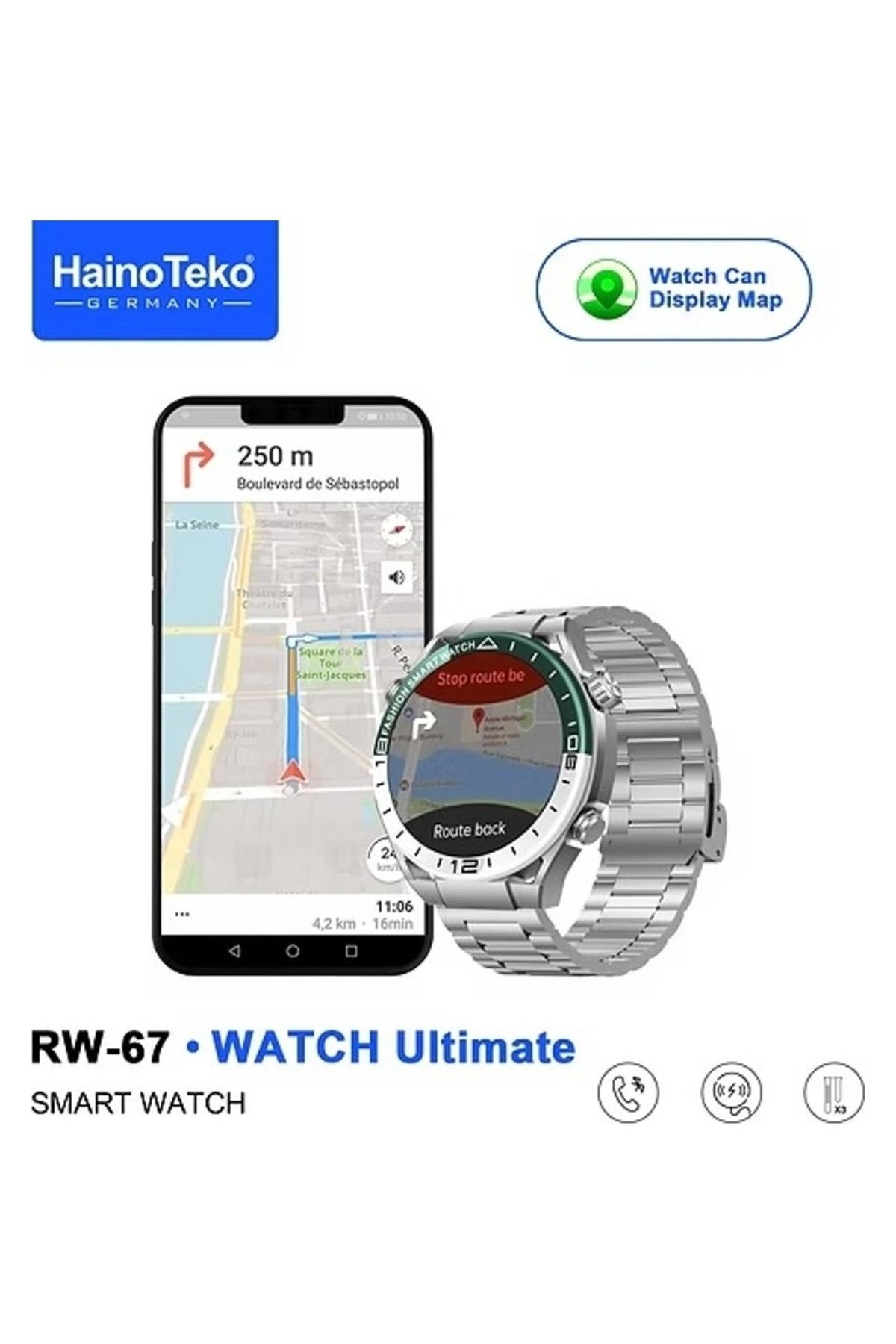 DigiMonster RW67 Watch Ultimate Akıllı Saat Harita Okuma Özellikli 3 Kordon Hediyeli (Metal-Deri-Silikon)